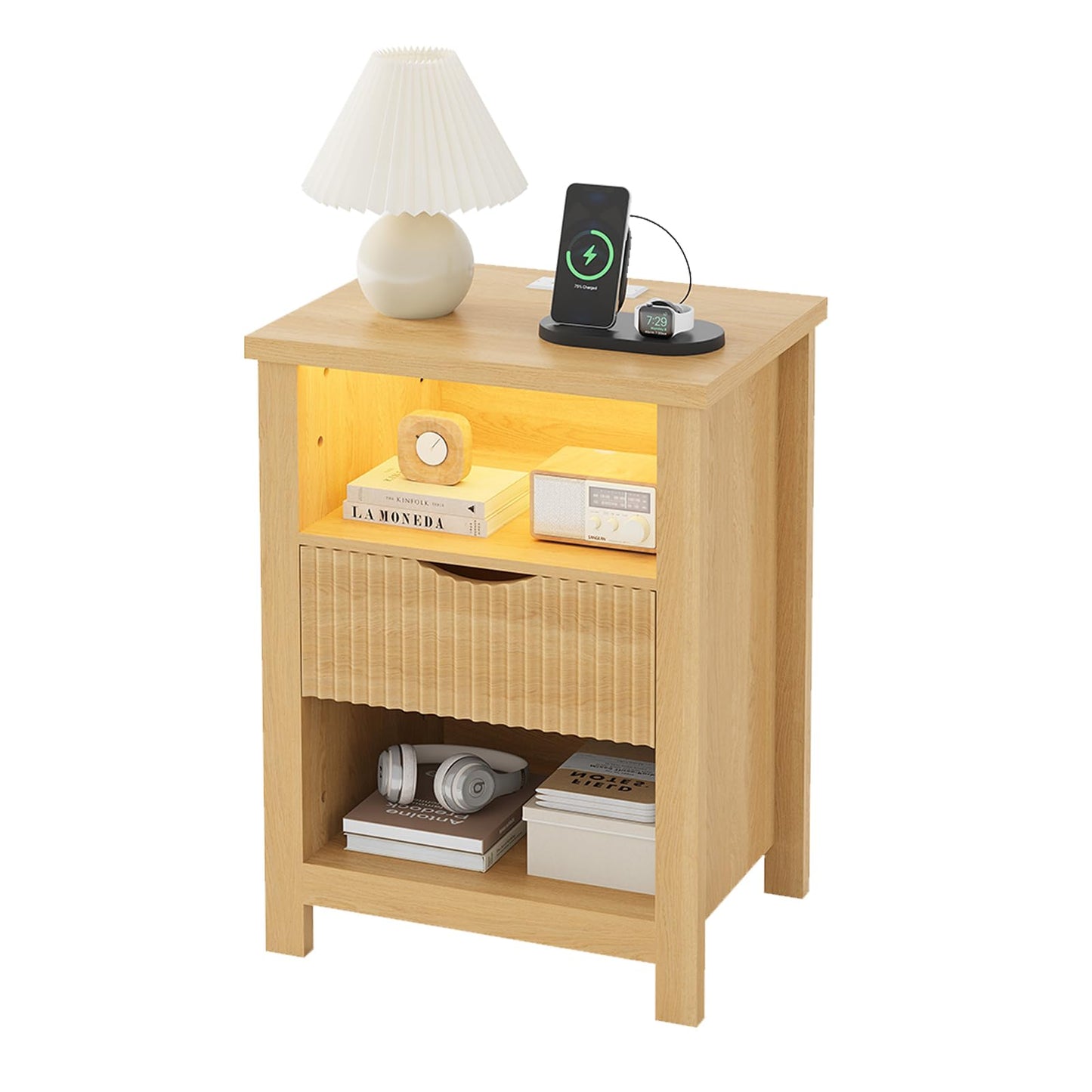 LAKEMID Fluted Nightstand with Charging Station,20 Inch Wide Bedside Tables with Led Lights,Modern Wood Night Stand with Drawers,Wooden Bed Side Table for Bedroom,Living Room,Natural Oak