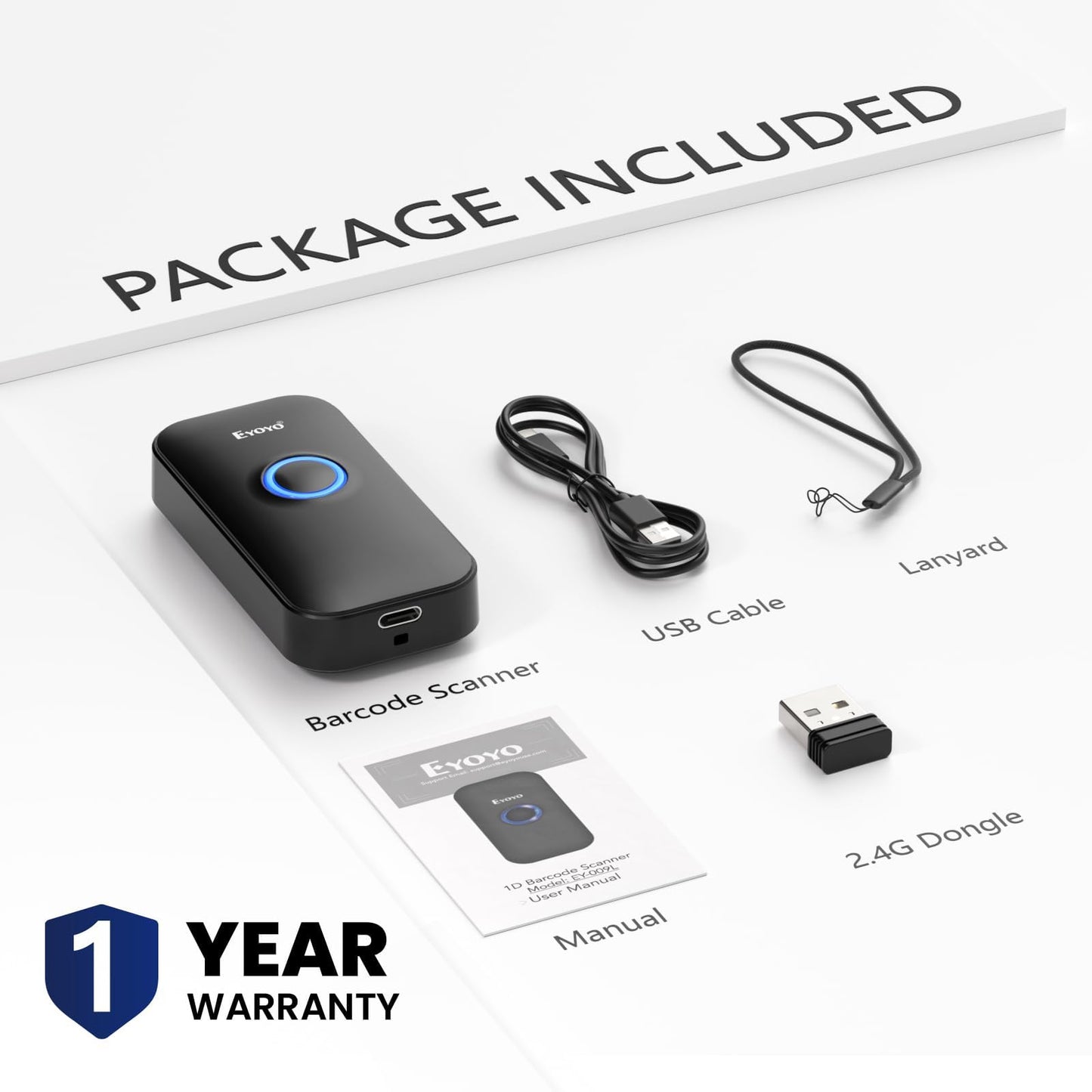 Eyoyo Mini 1D Bluetooth Barcode Scanner, 3-in-1 Bluetooth & USB Wired & 2.4G Wireless Barcode Reader Portable Bar Code Scanning Work with Windows, Android, iOS, Tablets or Computers