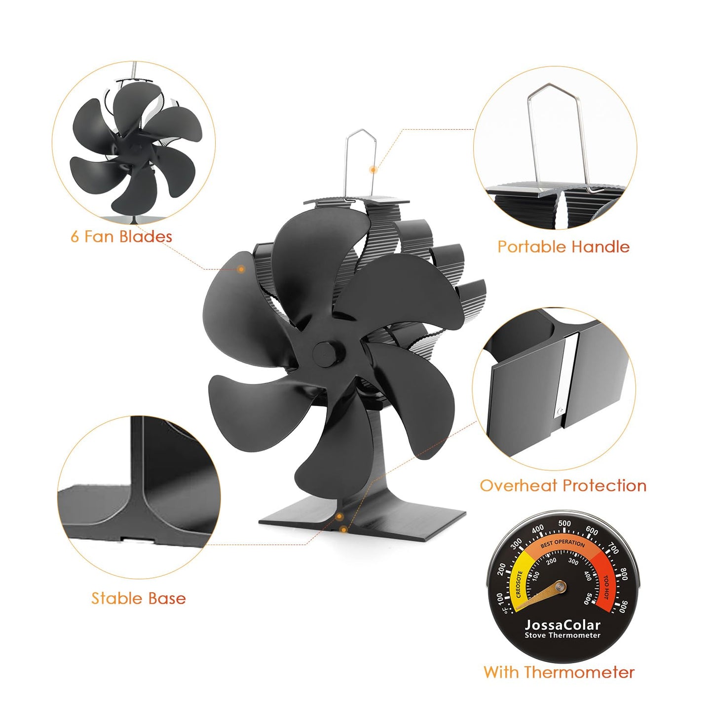 JossaColar Wood Stove Fan Heat Powered Fireplace Fan Non Electric, Thermal Fan for Wood Burning Stove/Log Burner, w/Stove Accessories Thermometer