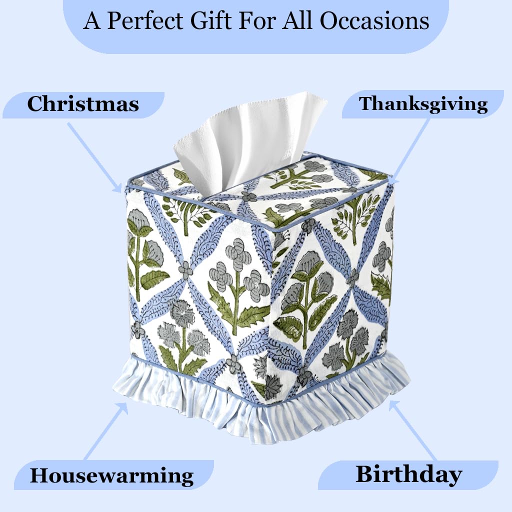 Ridhi Light Steel Blue Block Print Ruffle Tissue Box Cover Handmade Cotton Decorative Square Napkin Holder for Home Bedroom Living Room Bathroom Vanity Countertop Car Office Kitchen