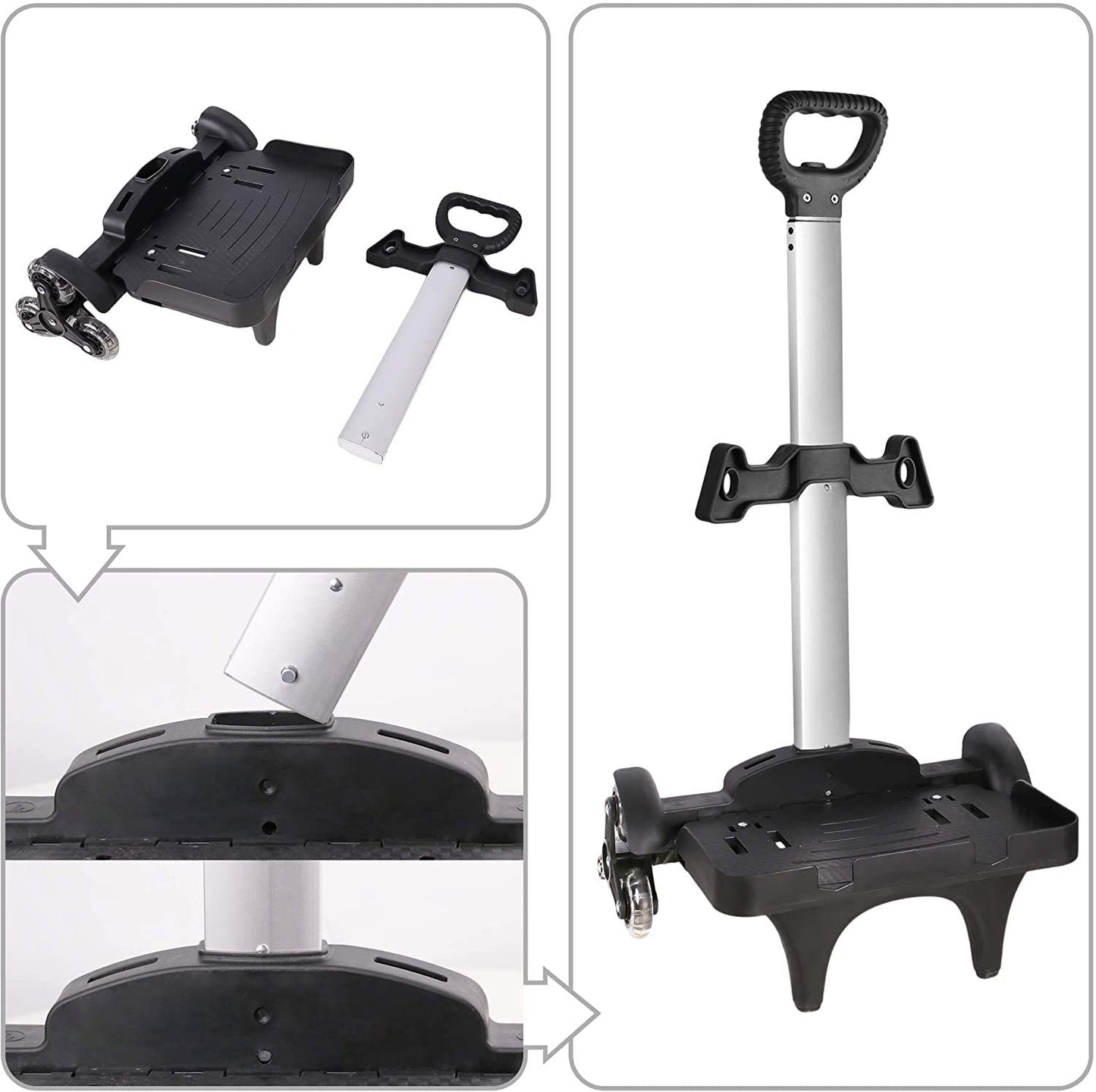 Backpack Trolley, Wheeled Trolley Aluminium Alloy Foldable Hand Cart with Border Base 6 Wheels Rolling Luggage Carts for Kids Teens Adult School Travel (6 Wheels with Edge Guard)
