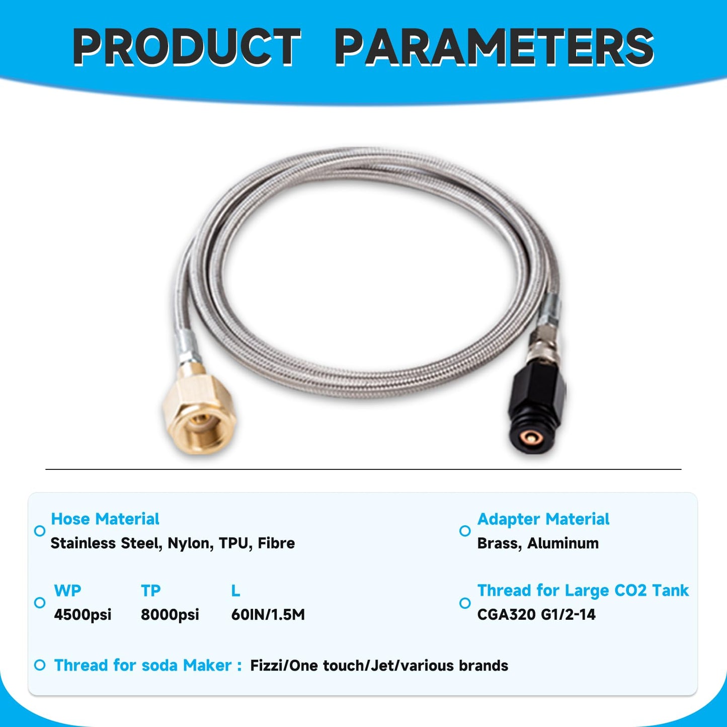 GURUDAR CO2 Tank CO2 Cylinder Direct Adapter with 60in Stainless Steel Hose, CGA320 to TR21-4 Carbonated Water Soda Maker Connector for Fizzi One Touch Jet Ninja Thirsti