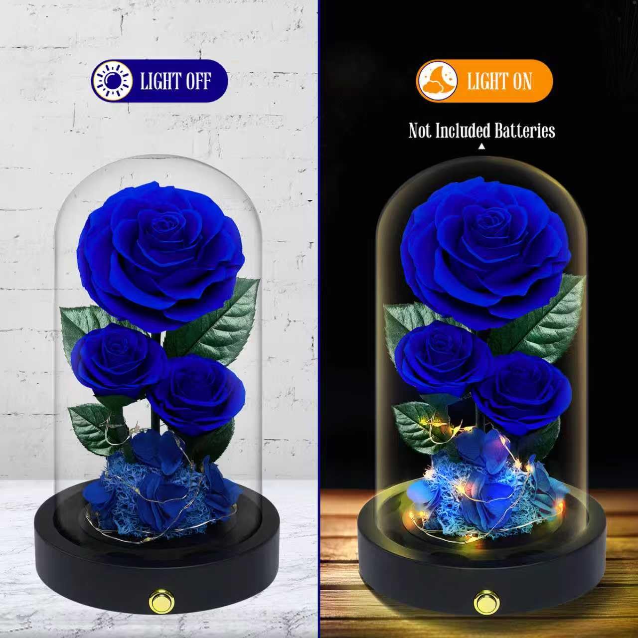 Vryblos 3 Preserved Flowers Roses in Glass Dome for Beauty and The Beast Decor Real Rosas Eternas for Women Mom Birthday,Forever Blue Roses for Delivery,Christmas for Wife Girlfriend Her