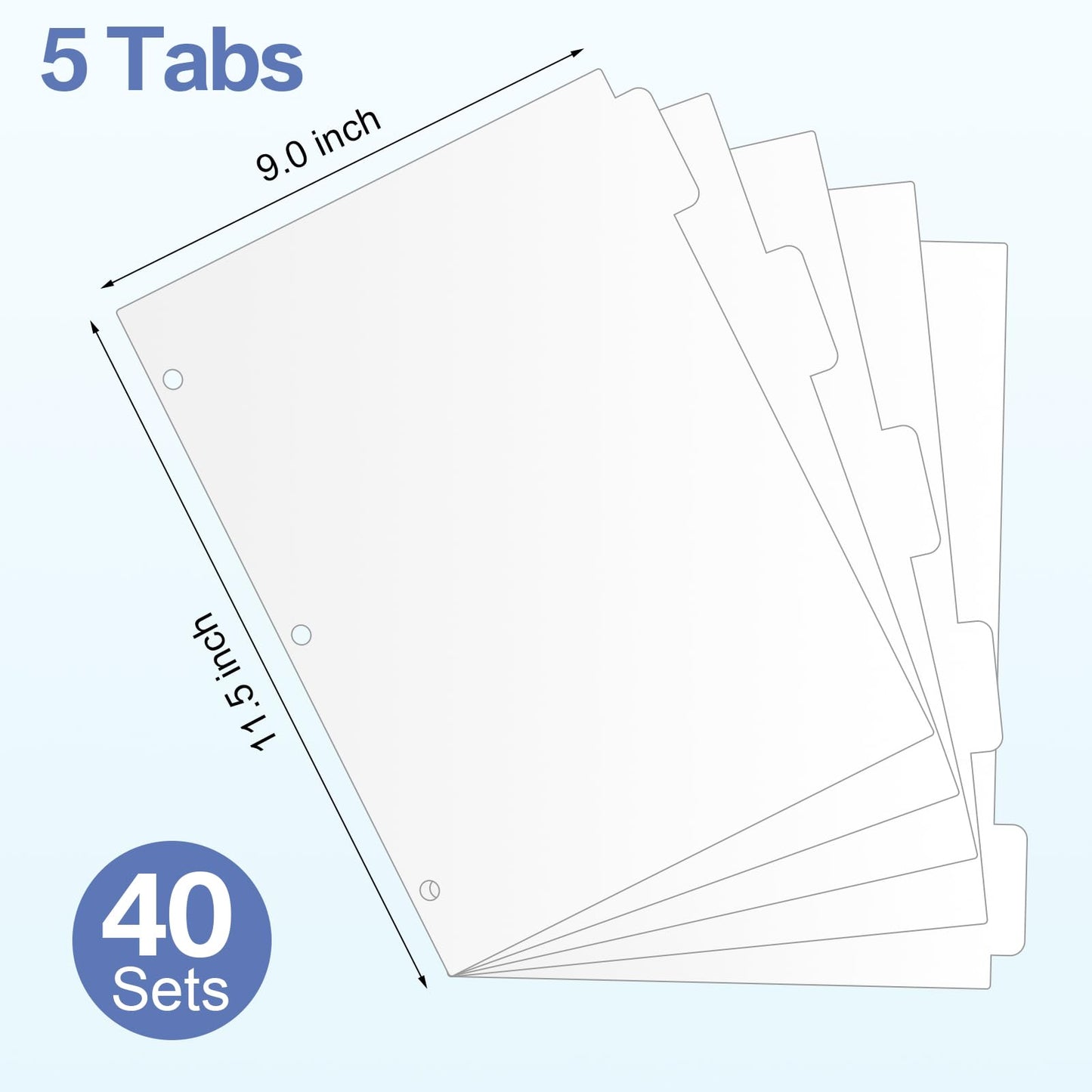 Thenshop 40 Sets/200 Pack Binder Dividers, Letter Size 9 X11.5 Inch 5 Tab Dividers for 3 Ring Binder Writable Index with Big Tab for School Office Home Organization(White)