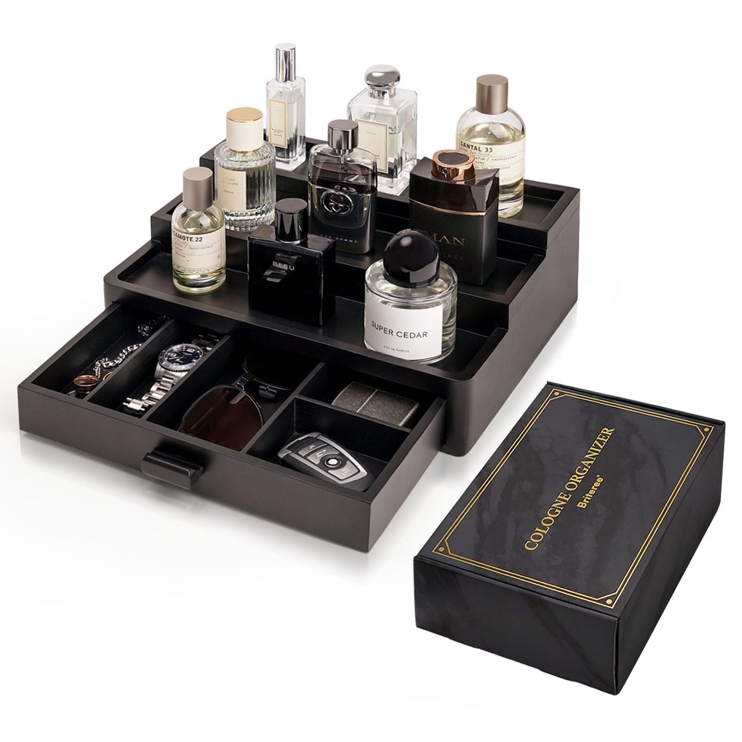 BRITEREE Cologne Organizer for Men, 3 Tier Wooden Cologne Stand with Drawer Storage and Hidden Compartment, Perfume Display Holder for Dresser, Great Gifts for Him Dad Fathers Day, Black