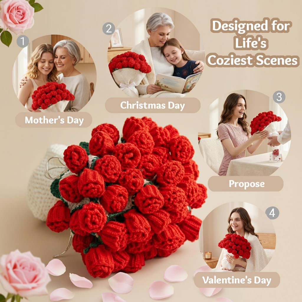 UODOR Flower Bouquet Blanket,Crochet Flower Bouquet Blanket Handmade, for Mother's Day, Valentine's Day, Birthday, Mom Grandma Home Sofa Decor (Finished Product) (Red, Small（31X31inches）)