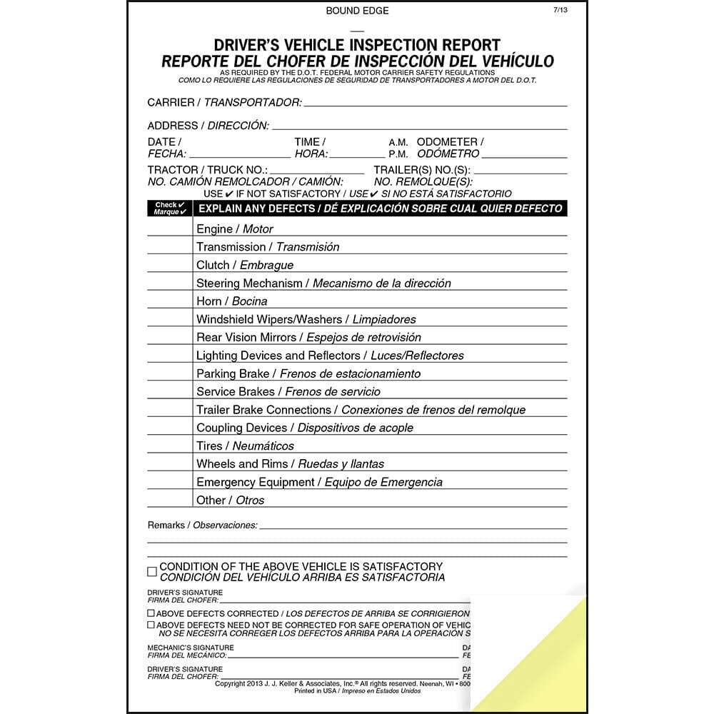 Simplified Driver's Vehicle Inspection Report 10-pk. - Bilingual, Book Format with 31 Sets, 2-Ply Carbonless, 5.5" x 8.5", Meet FMCSR Requirements, J. J. Keller & Associates, Inc.