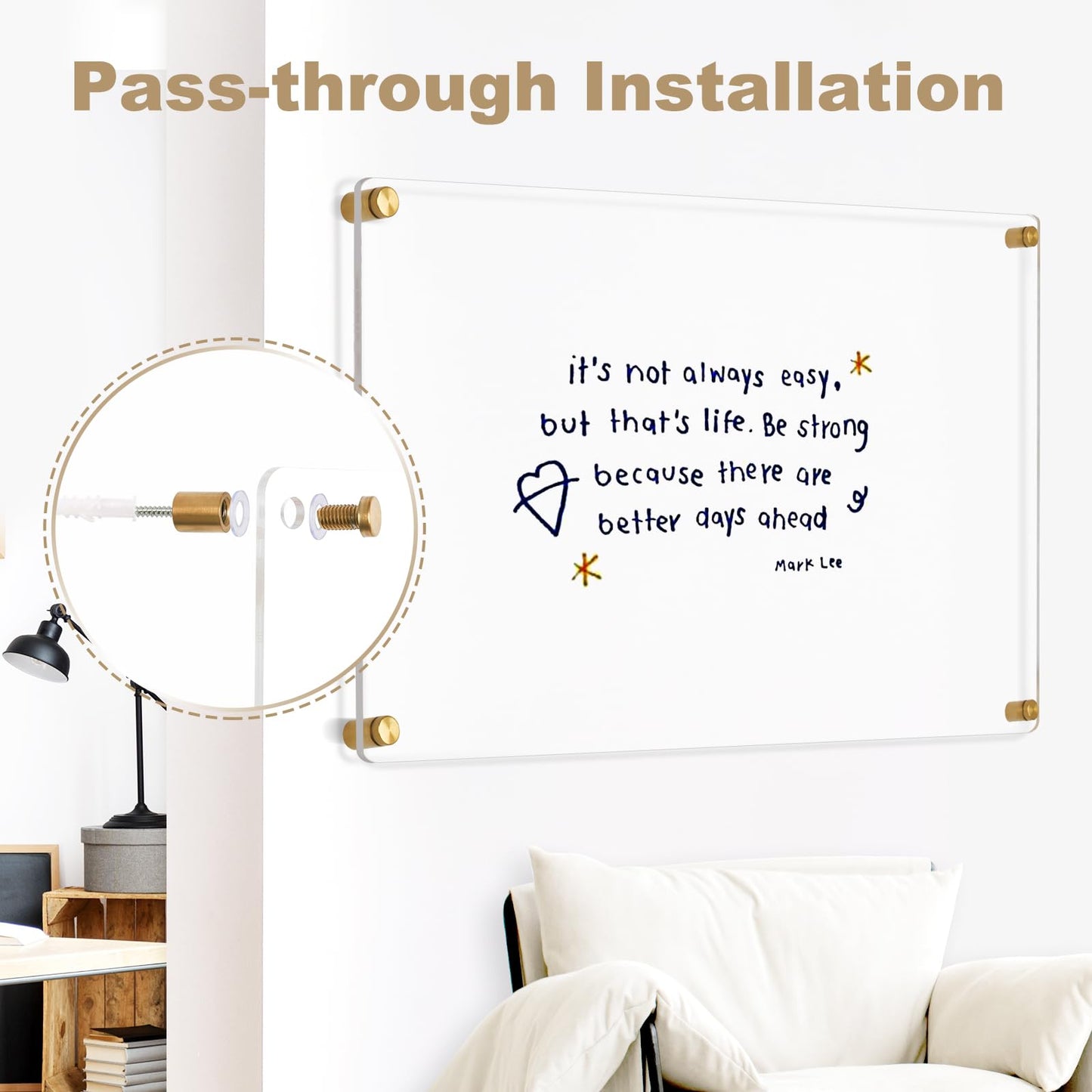 AMUSIGHT Large Clear Acrylic Dry Erase Board, 20" X 16" Golden Non-Magnetic Frameless Clear White Board for Wall, Erasable Acrylic Board for Wall, Home, Office, School, 2 Markers