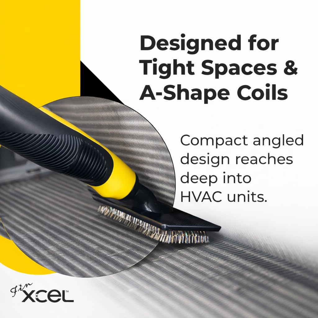 Finxcel Coil Cleaning Brush for HVAC & AC – Evaporator & Condenser Coil Cleaner Tool, 135° Stainless Steel Pins, Heavy-Duty for Tight Spaces, Safe for Delicate Fins, ACME Pole Compatible