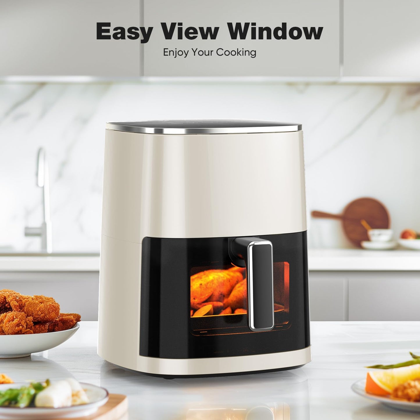 Sweetcrispy 6QT Air Fryer with Window, Square Airfryer Oven 12-in-1 for Family, 400°F Rapid Air Crispy Technology, Roast Bake Dehydrate, Nonstick & Easy-Clean Basket,Off-White
