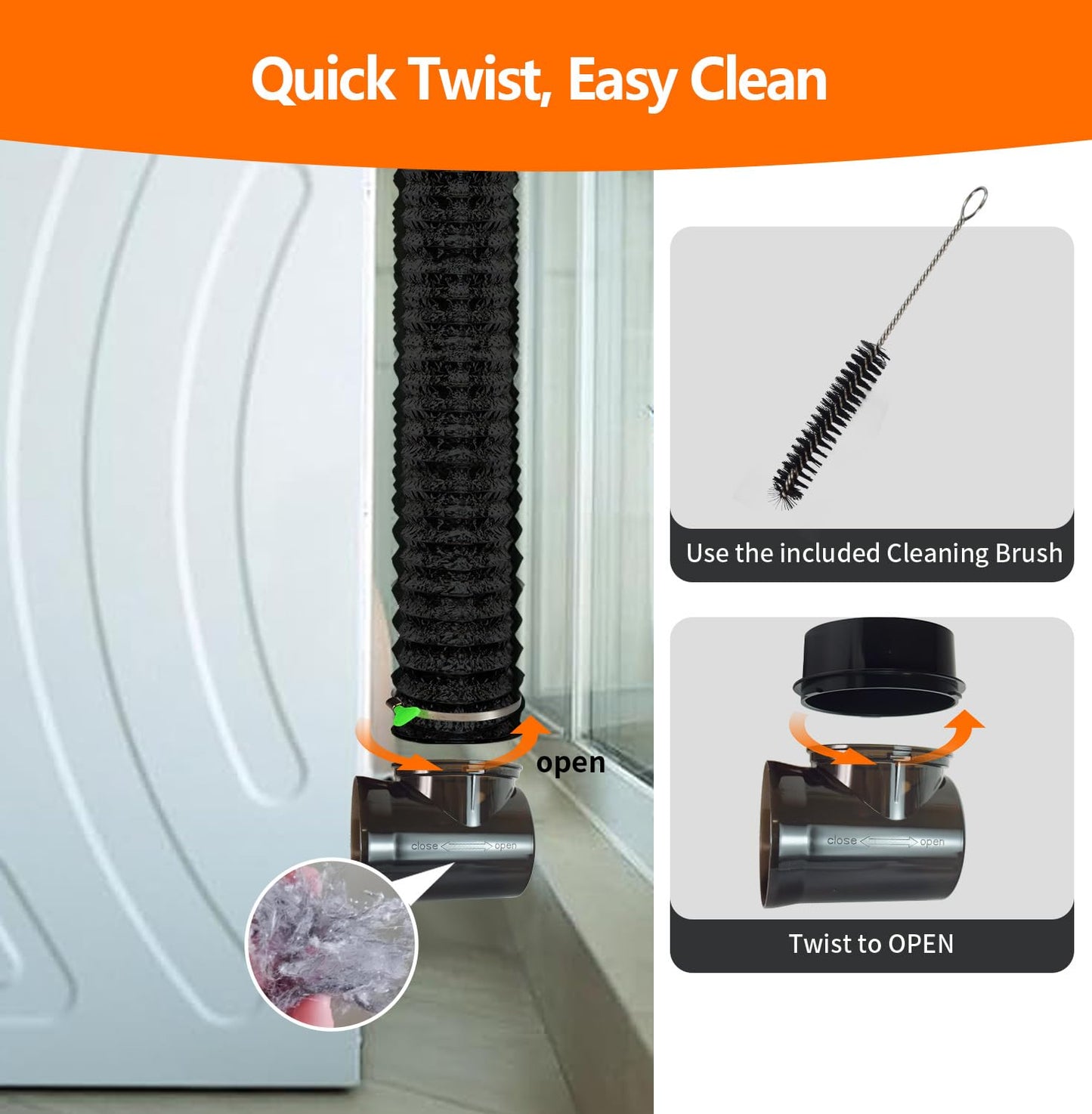 CAT SO RICH Dryer Vent Hose Connector Kit for Tight Spaces, 90° Elbow with 4-Inch 6.5FT PVC Hose, Transparent Black Upgrade, Tool-Free Installation