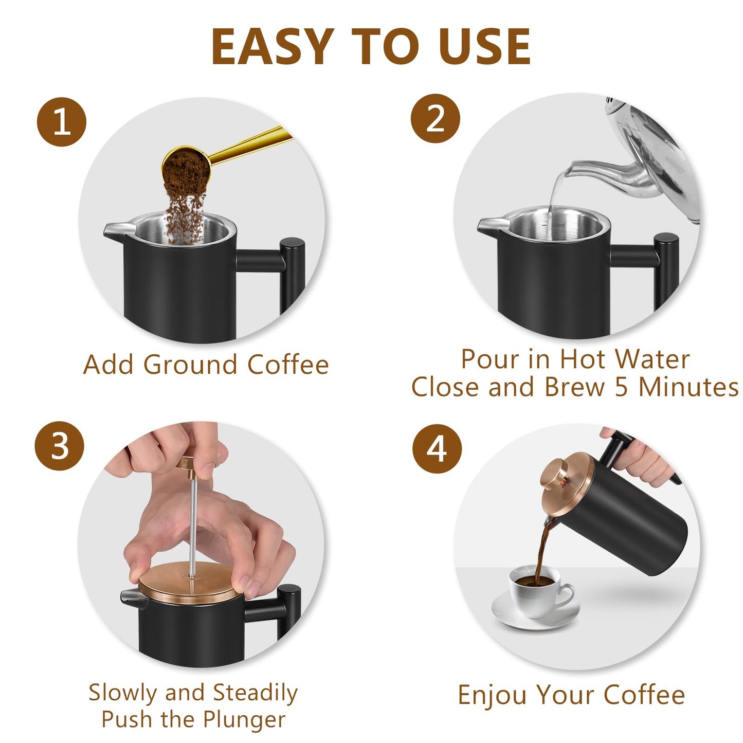 WORBIC Black Large French Press Coffee Maker 50oz, Double Wall Insulated French Press Stainless Steel,for Coffee&Tea,with 3 Extra Screens and a Coffee Spoon, 50oz/1500ml, Gold