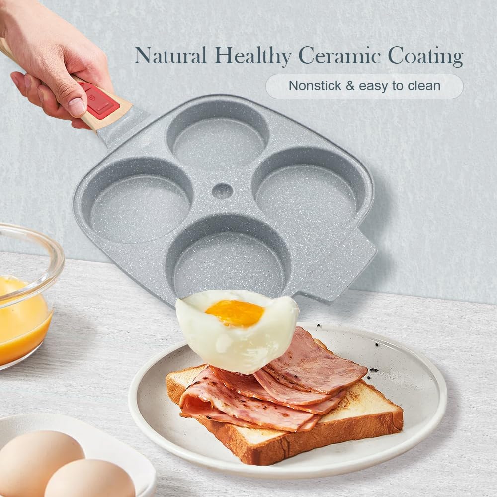 RANX INGST Ceramic Egg Frying Pan with Lid, Nonstick 4 Cup Fried Egg Pan with Detachable Handle, Omelette Pan Induction Compatible - Blue