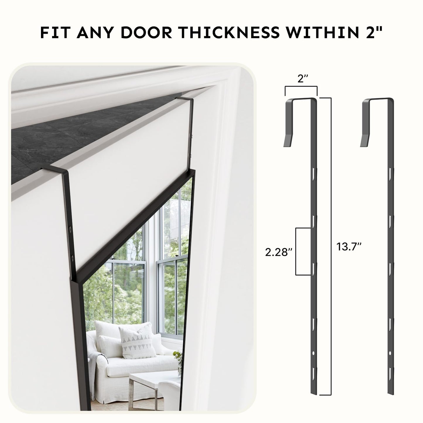 Kosmonia 48x14 Inch Full Length Tempered Glass Door Mirror - Over The Door Hanging, No Drill Installation, Suitable for Bedroom & Closet, Sturdy Hanging Design