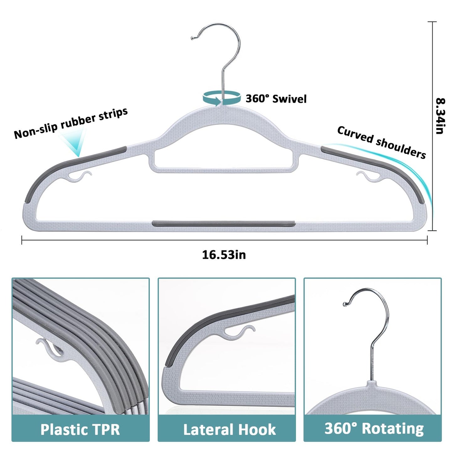 Tonswachic Pack of 30 Coat Hangers, Space-Saving Plastic Clothes Hangers, Non-Slip, 0.2 Inches Slim, 360° Swivel Silver Hook for Shirts, Pants, Suit & Wet/Dry Garments, Light and Dark Gray
