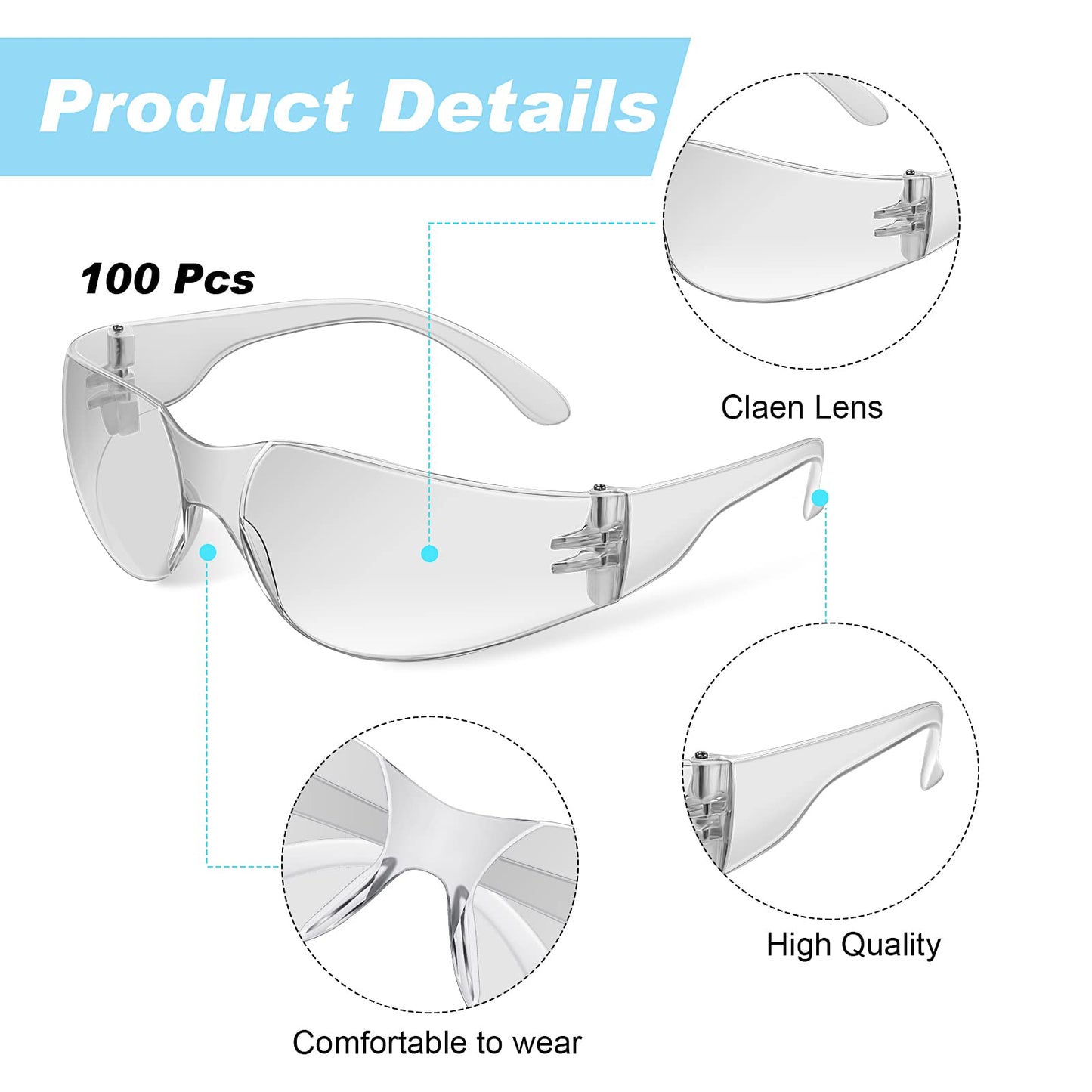 100 Pack Safety Glasses Bulk ANSI Z87.1 Protective Eyewear Goggles Eye Protection for Men Women Work Science Lab Construction(Clear)