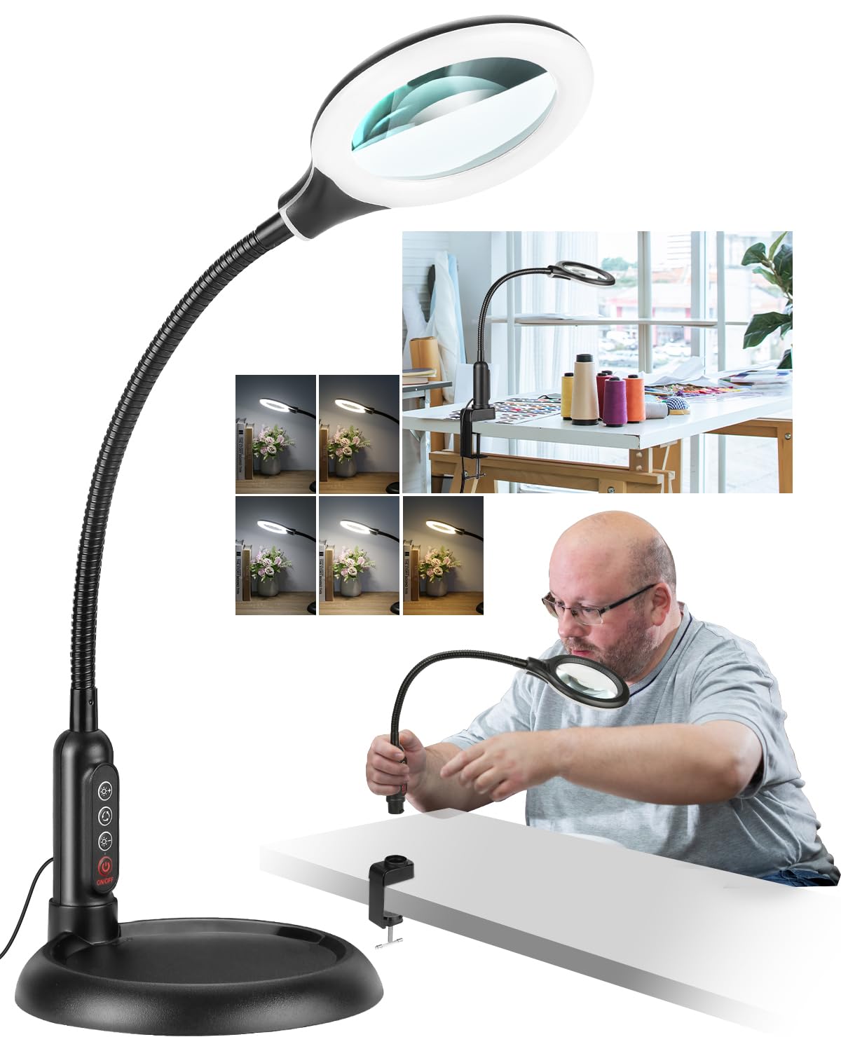 12X Magnifying Glass with Light and Stand, Real Glass, LED 5 Color Modes, Brightness Stepless Dimming Lighted Magnifier Hands Free with Flexible Gooseneck Desk Clamp Lamp for Close Work, Craft, Hobby