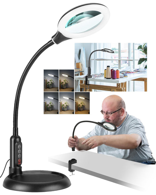 12X Magnifying Glass with Light and Stand, Real Glass, LED 5 Color Modes, Brightness Stepless Dimming Lighted Magnifier Hands Free with Flexible Gooseneck Desk Clamp Lamp for Close Work, Craft, Hobby