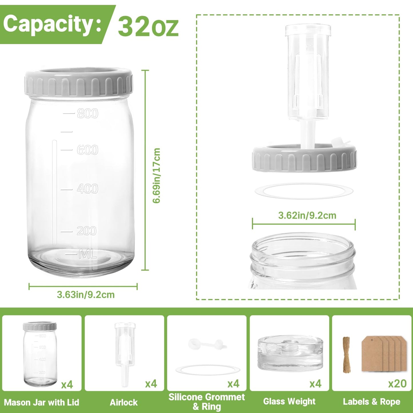 4-Pack Mason Jar Fermentation Kit(Jars Included) Four 32oz Fermentation Jars with Plastic Fermenting Lids, Airlocks, Silicone Rings & Grommets, and Glass Weights for Easy Fermenting & Storage