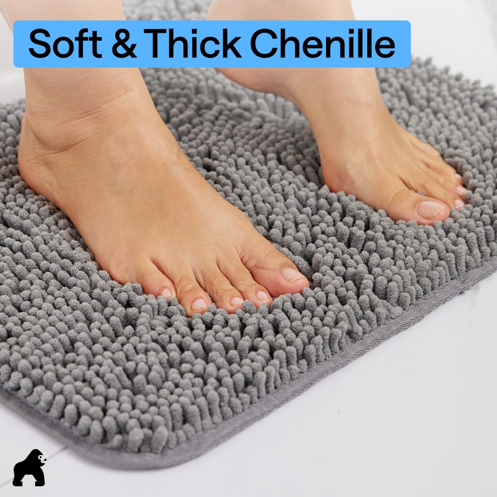 GORILLA GRIP Bathroom Rug Sets, Soft Chenille 2 Piece Area Rugs Set, Toilet Base Mat and 30x20 Carpet, Absorbent Microfiber Washable Mats Dry Quickly, Home Décor and Bath Room Accessories, Grey