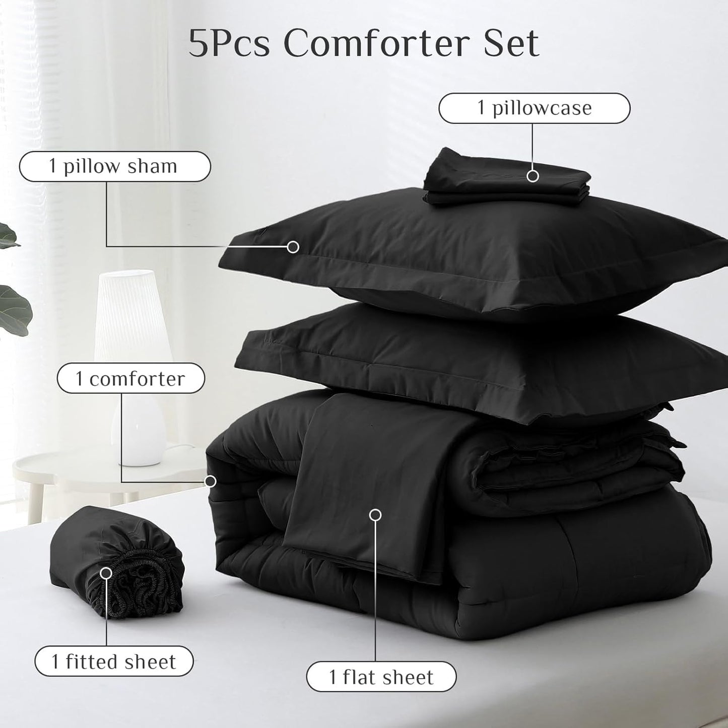 JOLLYVOGUE Twin Comforter Set, Ultra-Soft Bed in a Bag Twin Size 5 Pieces, Oeko-TEX Certified Bedding Set with Down Alternative Comforter, Sheets, Pillowcases & Shams, Black