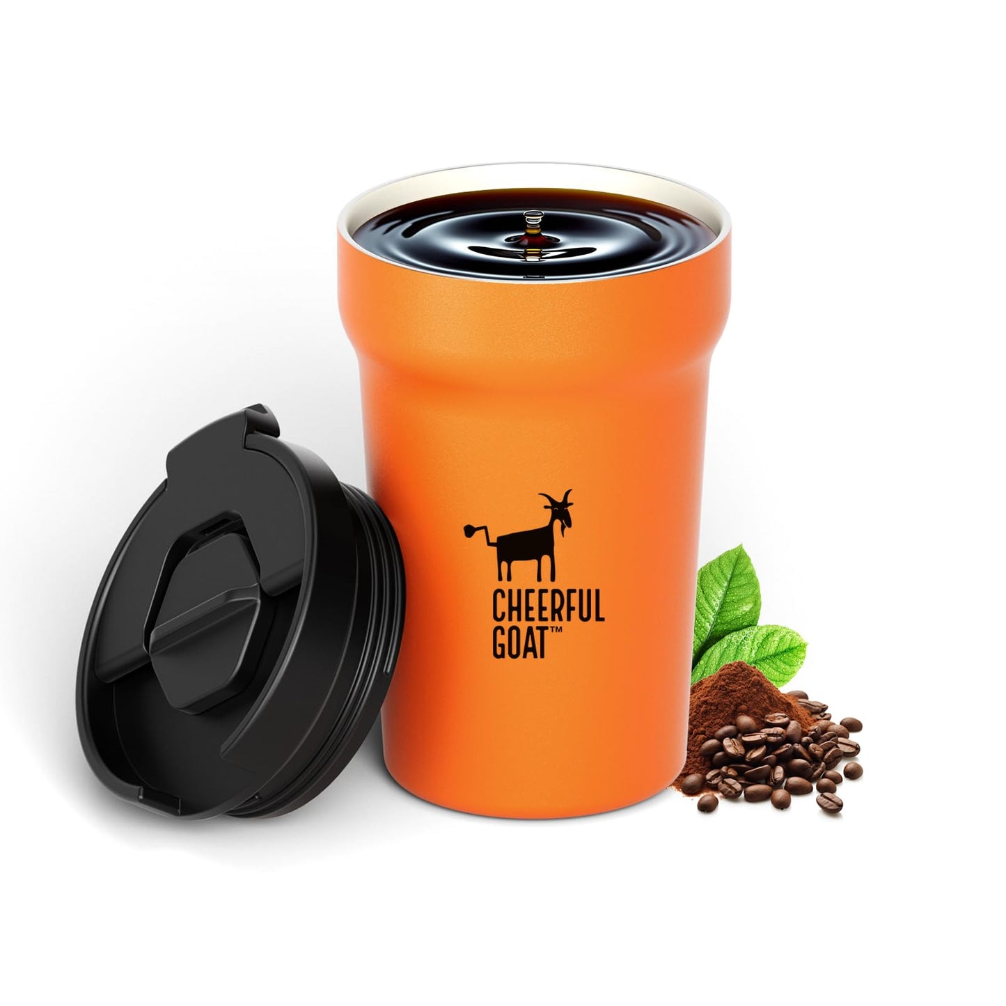 CHEERFUL GOAT Insulated Coffee Mug – Stainless Steel Travel Coffee Tumbler with Ceramic Liner, 12oz Coffee Cup for Hot and Cold Water Coffee at Home, Office, or On the Go (orange)