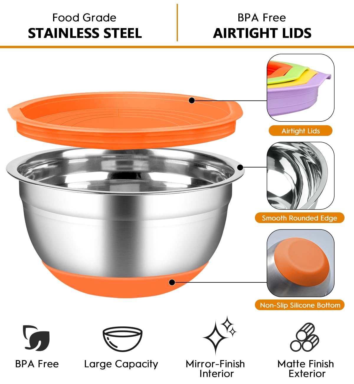 CHAREADA Mixing Bowls with Airtight Lids, 18pcs Stainless Steel Nesting Mixing Bowls Set Non-slip Silicone Bottom, Size 4.5, 3.6, 2.7, 2.1, 1.7, 1.1, 0.7 qt, Fit for Mixing & Serving(Colorful)