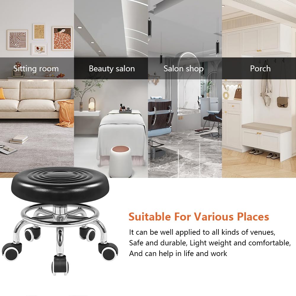 KKTONER Black Roller Seat PU Leather Rolling Stools with Wheels Nail Stool for Home Work Office Shop Step Stool (Black)