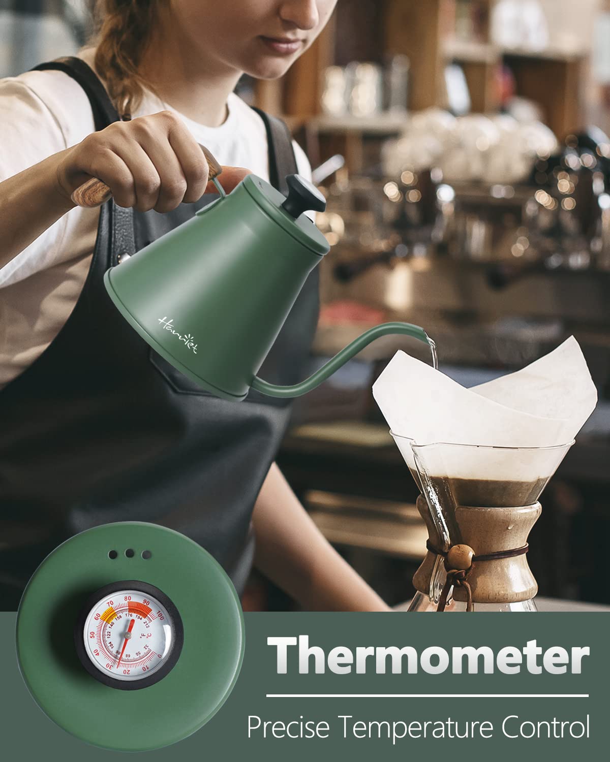 Harriet Gooseneck Kettle with Thermometer for Pour Over Coffee and Tea, 37 fl oz, Stainless Steel, Durable 3-Layer Base, Ideal Spout for Precision Pouring, Compatible with all Stove Tops, Green