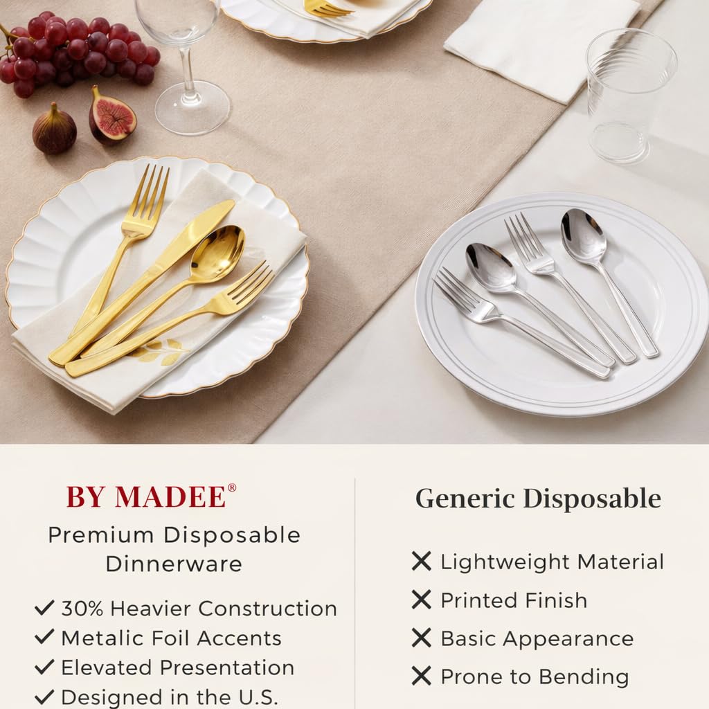 By Madee HEAVYWEIGHT 175 Pc Fancy Plastic Dinnerware Sets | Ivory Scalloped Plastic Plates with Gold Trim | Nice Plastic Plates Cutlery and Glam Napkins (25 Guests)