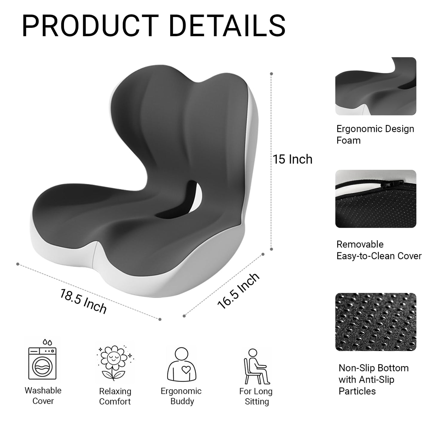 Ergonomic Seat Cushion Set with Lumbar Support Pillow, High-Density Memory Foam Cushion with Non-Slip Base, Posture Support Cushion for Office Chair, Home Chair, Car Seat (Dark Gray + Light Gray)