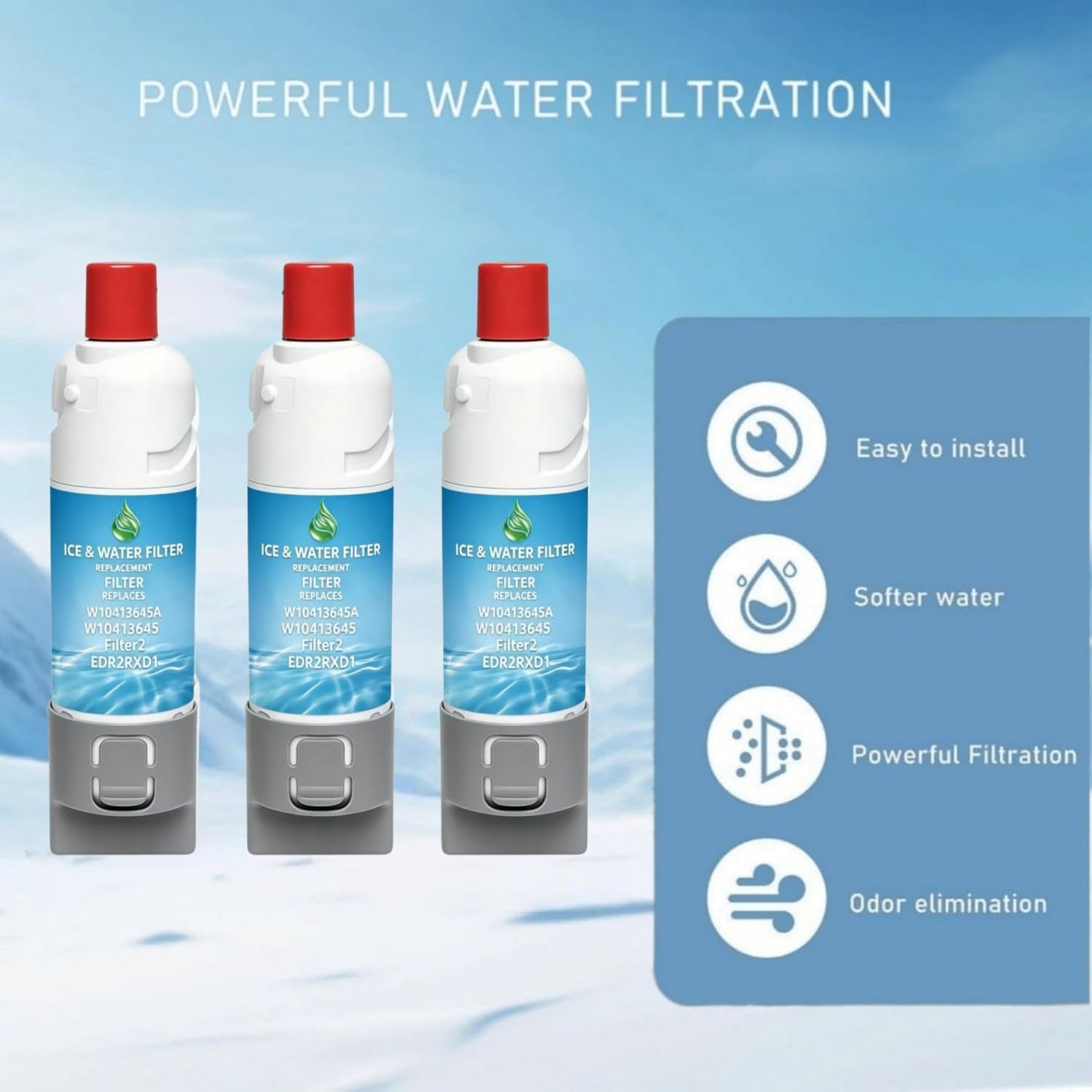 EDR2RXD1 Water Filter Replacement for Filter 2, W10413645A, W10413645, KAD2RXD1, EDR2RXD1, P9RFKB2L, WHR2RXD1, P9KB2L, Kenmore 46-9082, 46-9903, 3 Pack
