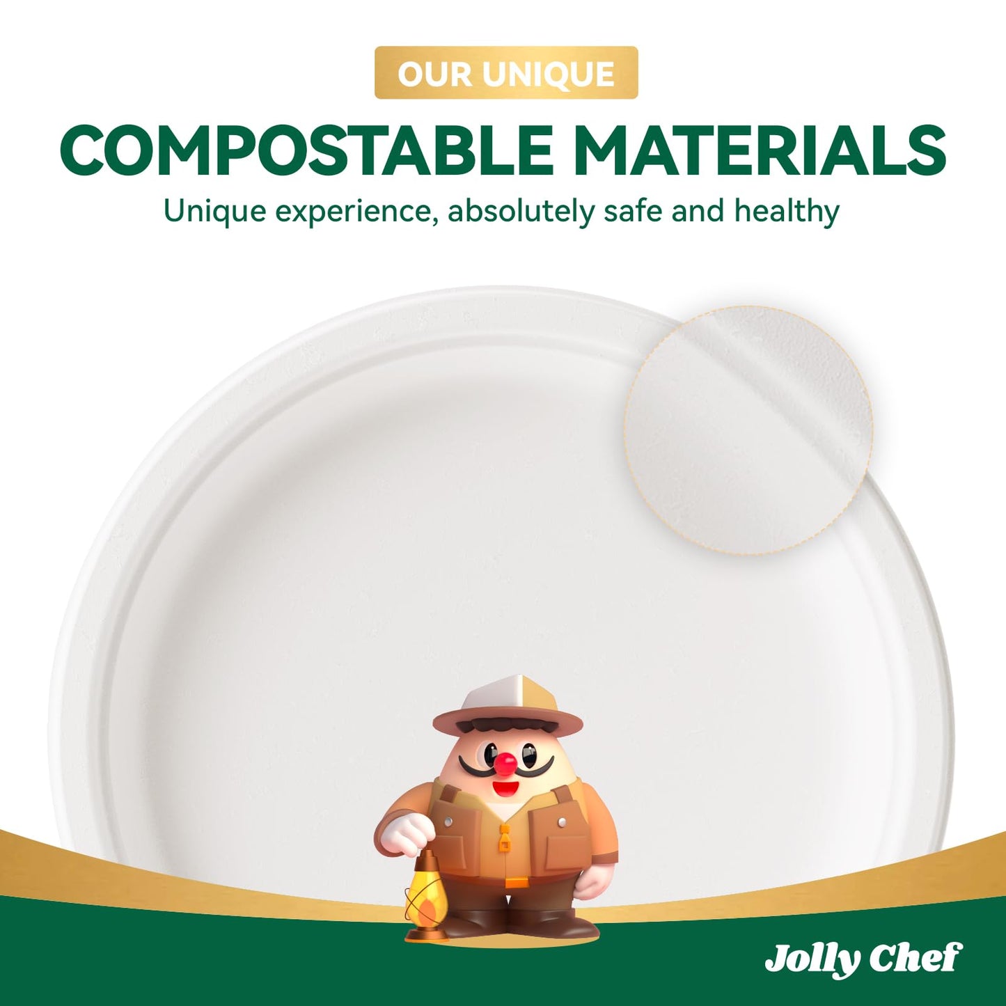 JOLLY CHEF Compostable Heavy Duty Plates 𝟭𝟬 𝗜𝗻𝗰𝗵 [𝟯𝟬𝟬 𝗣𝗮𝗰𝗸] Eco-Friendly Disposable White Uncoated Paper Plates Bagasse Sugarcane Biodegradable for Hot Cold Food Party Dinner Weddings