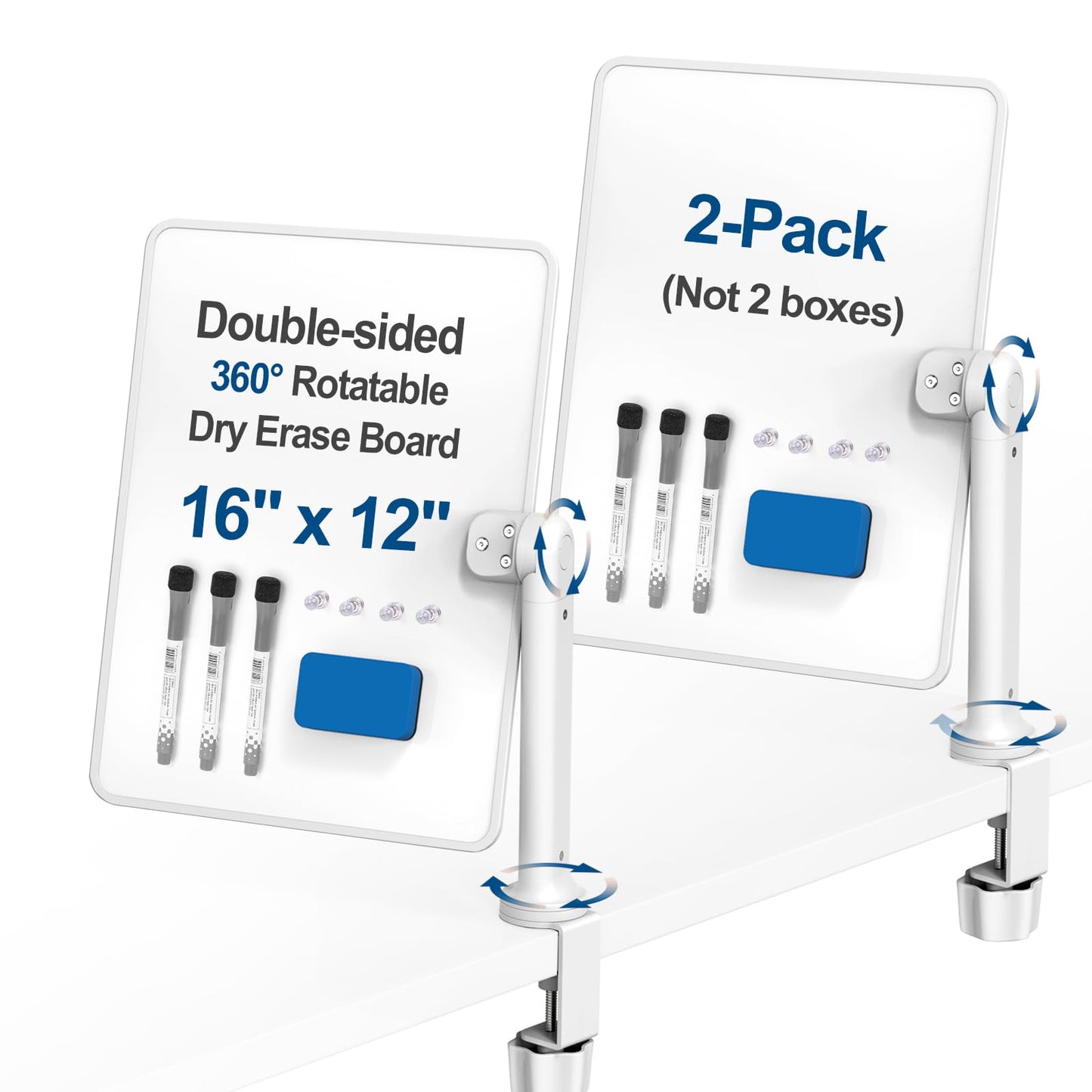 Double-Sided Desk Whiteboard with Dual 360 Swivel - 16" x 12" Clamp-On Desktop Whiteboard for Tables Under 2.3" Thick for Office, Home, School (2pc)