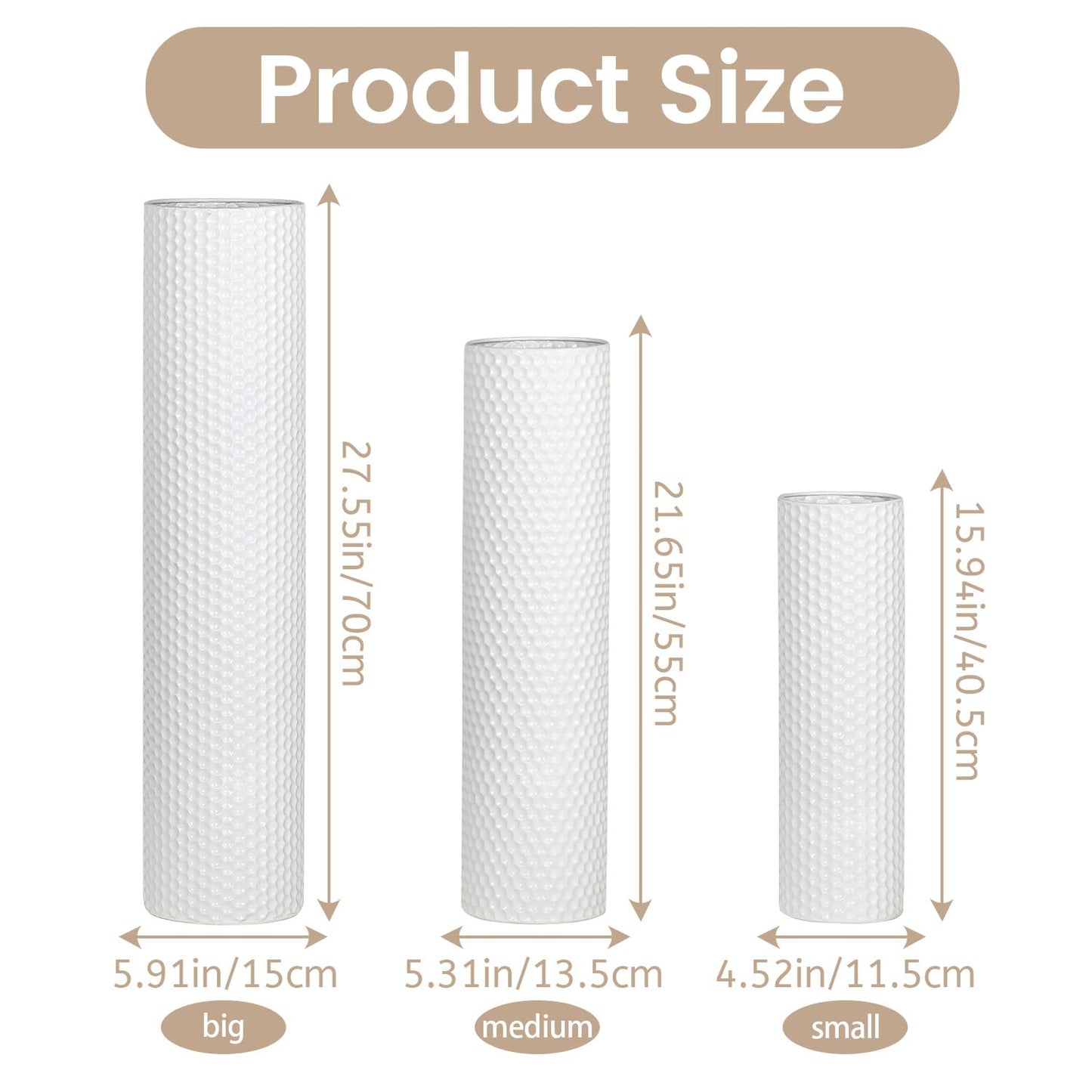 Dnnnii Tall Floor Vases Set of 3 - White Metal Cylinder Vases for Living Room Corner, Modern Honeycomb Texture, Extra Large Standing Decor (Tallest 27.6in, Home Bedroom Dining Decor)