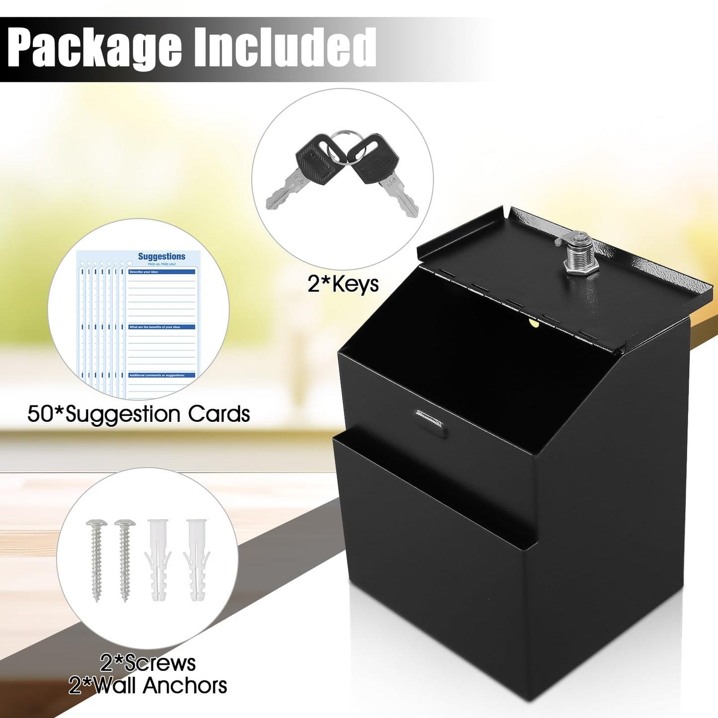 KYODOLED Suggestion Box with Lock and Slot, Metal Wall Mounted Money Key Drop Box with 100 Free Suggestion Cards, Donation and Collection for Fundraising, Black, 2Pack