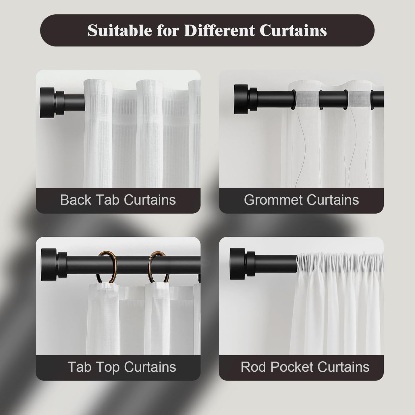 Oneach Black Curtain Rods for Windows 66 to 120 Inch, 1 Inch Pole Adjustable Length Heavy Duty Metal Curtain Rod Set, for Outdoor Bedroom Kitchen Living Room (16 to 120 Inch)