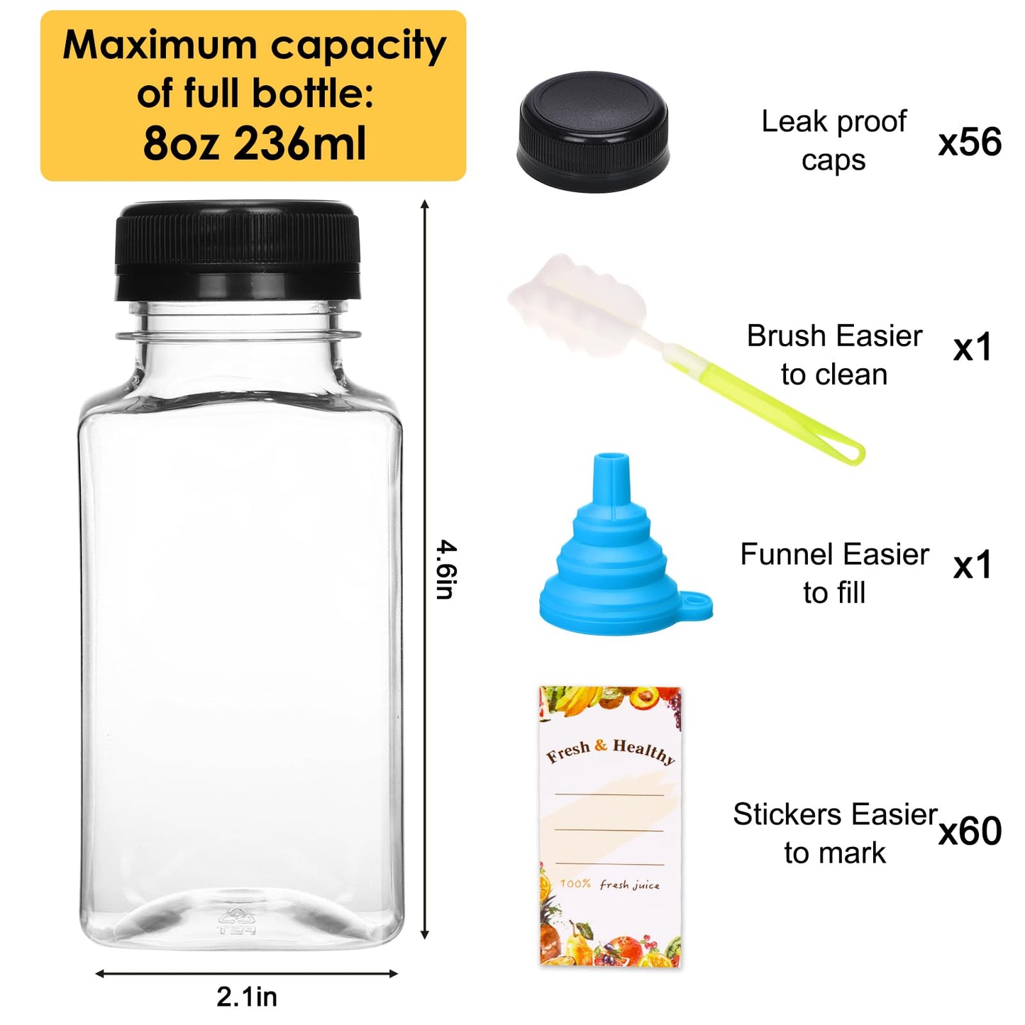Moretoes 56pcs 8oz Plastic Juice Bottles with Caps, Reusable Clear Plastic Juicing Bottles Juice Containers with Lids Suitable for Milk, Milkshakes and Other Juiced Beverages