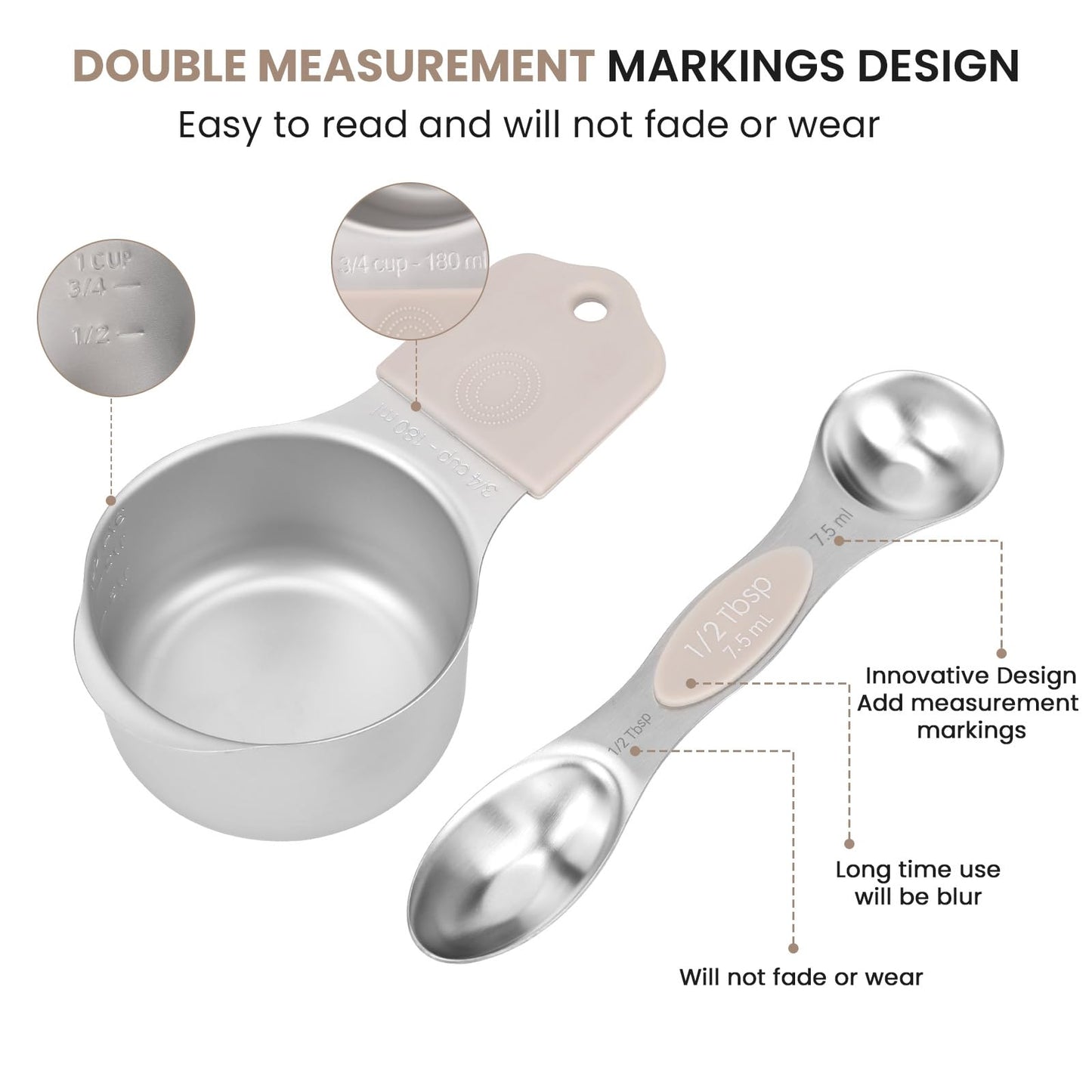Magnetic Measuring Cups and Spoons Set-Heavy Duty 304 Stainless Steel，Double Measurement Markings，Set of 16 with Leveler for Measure Dry and Liquid Ingredients (khaki)