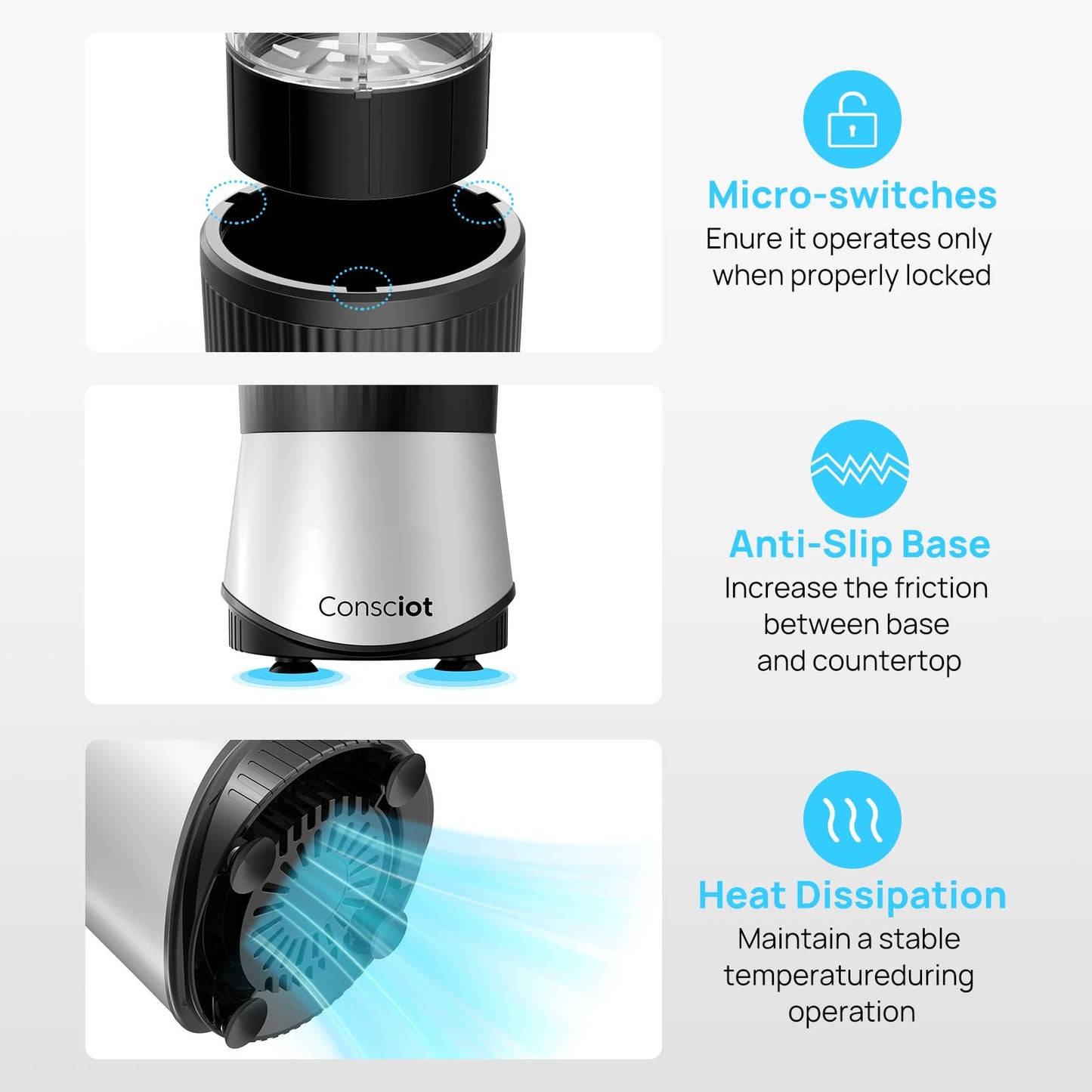 Consciot CB08 16-Piece Blender & Grinder Combo for Kitchen and Personal Size, Blend Shakes and Smoothies, Frozen Drinks, Baby Food, Spreads & More, 4 BPA-Free Portable To-Go Cups, 900 Peak Watts