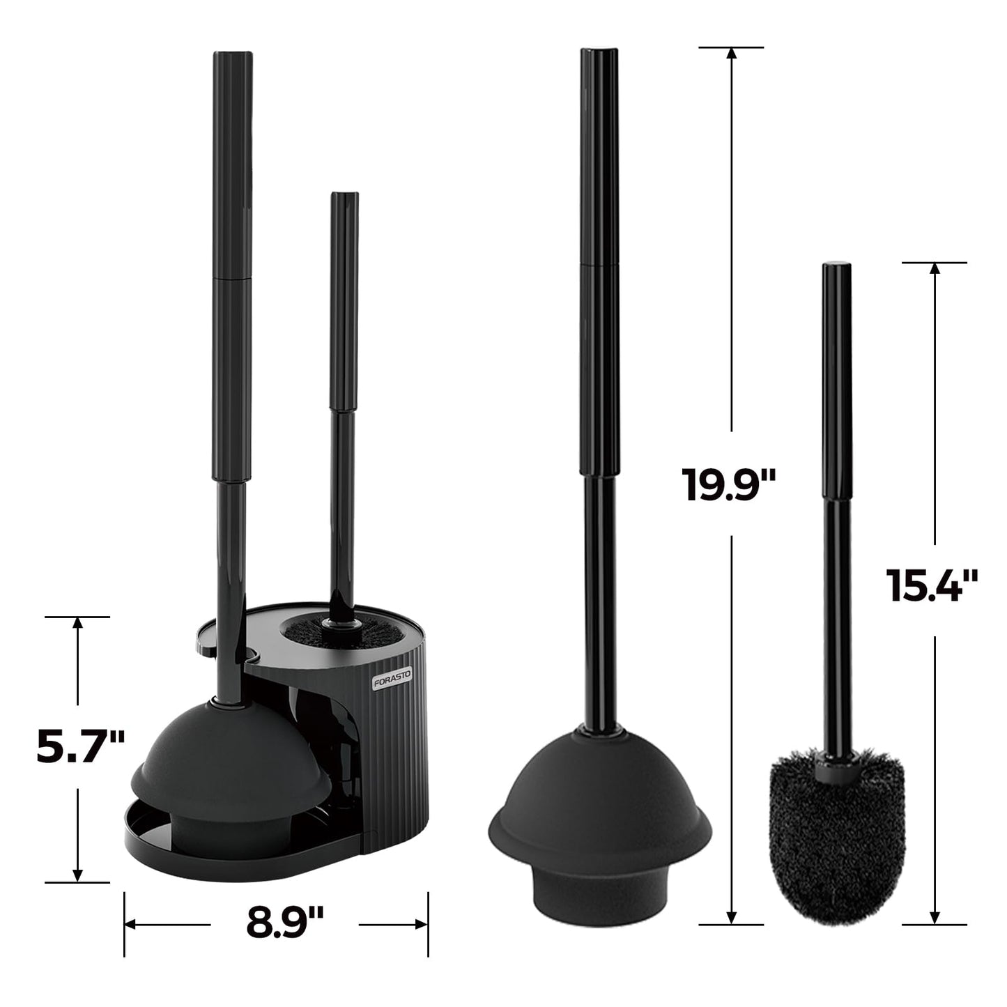 FORASTO 2Pack 2 in 1 Toilet Brush and Plunger Set, Extended Handle Plunger,Toilet Bowl Brush Plunger Set,Bathroom Cleaning Tools,Toilet Brush Plunger Combo,Cleaning Supplies，Bright Black(19.9inch)