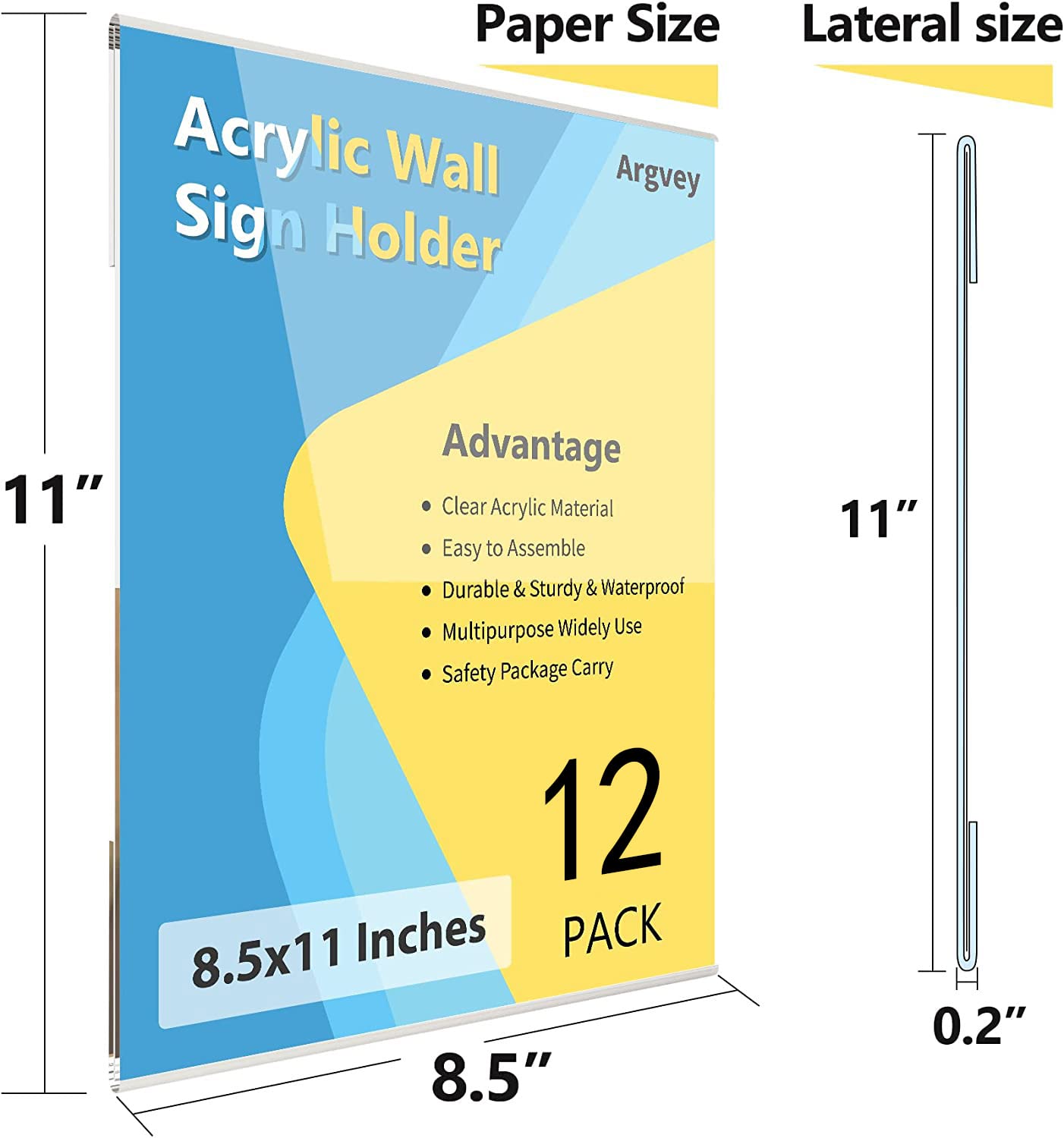 Argvey Acrylic Sign Holder 8.5 x 11 Wall Mount, Clear Plastic Sign Display Frame with Adhesive Tape, Vertical Wall Sign Holder for Office, Home, Store, Restaurant, School – 12 Pack