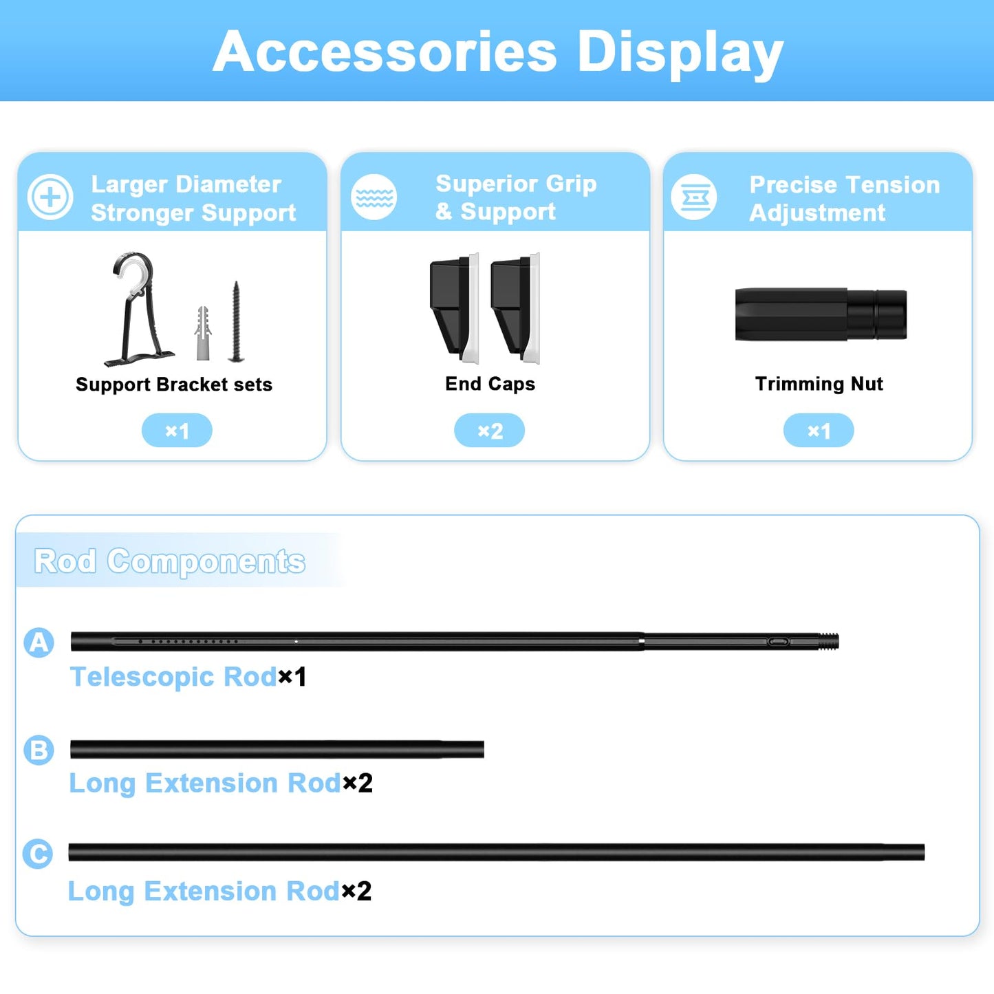 41 to 185 Inch Tension Curtain Rod No Drill Black Shower Curtain Rod Extra Long Heavy Duty Tension Rod for Windows, Patio, Bathroom - Renter Friendly Adjustable Curtain Rods