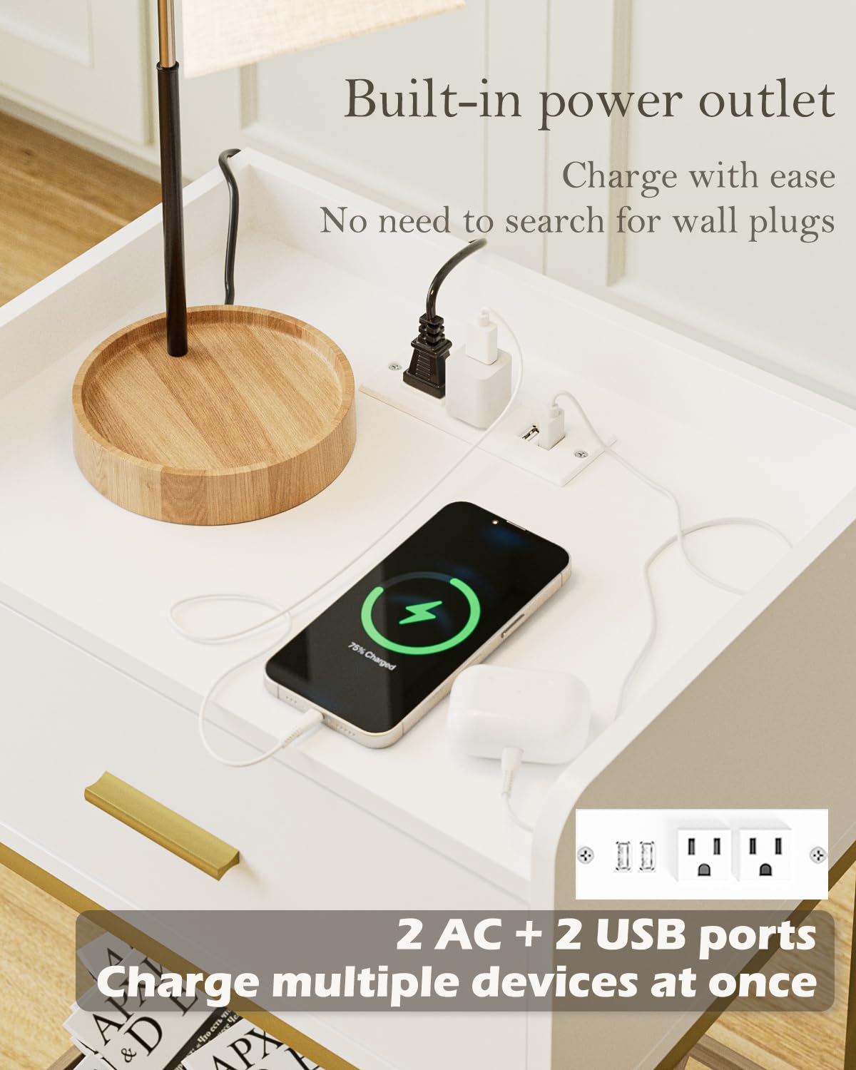 Apetaccat Nightstand with Charging Station,3-Tier Bedside Table for Small Space,Modern Night Stand with Storage Drawer and Shelf,Small Side Table for Bedroom,Living Room,White