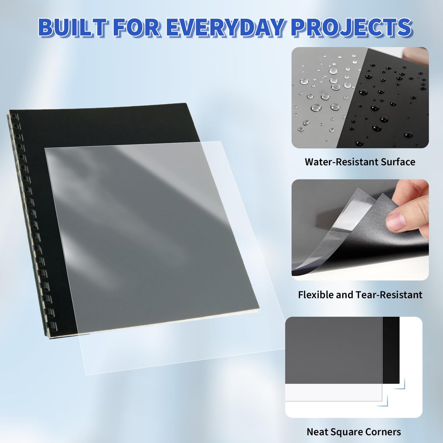 SIMPROFFICE 180 Pack Binding Covers and Backs Set, 8.5 x 11 Inches, 90P Clear PVC Covers (10 Mil), 90P Black Sand-Textured Polycovers (12 Mil)，Presentation Covers for Binding, Letter Size