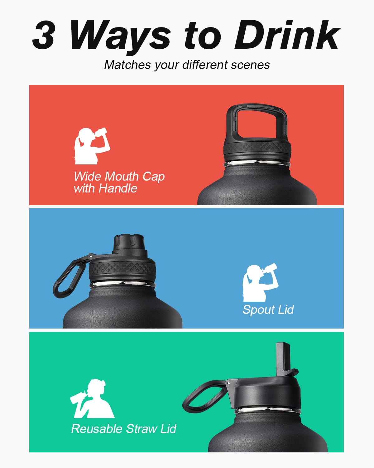 64 oz Water Bottle Insulated with Straw & 3 Lids, Coolflask Large Metal Stainless Steel Water Jug Big Half Gallon Wide Mouth for Sports, Gym or Office, Non-BPA Keep Cold 48H Hot 24H, Magic Black