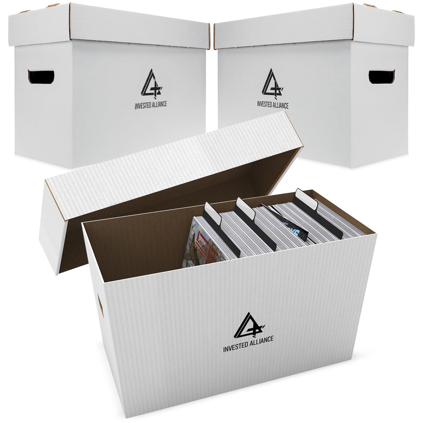 Invested Alliance Premium Short Comic Book Storage Box Organizer with Lid | Thick Cardboard Comic Storage Box For Collectibles Fits 150-175 Current/Silver Age, Heavy Duty & Stackable.