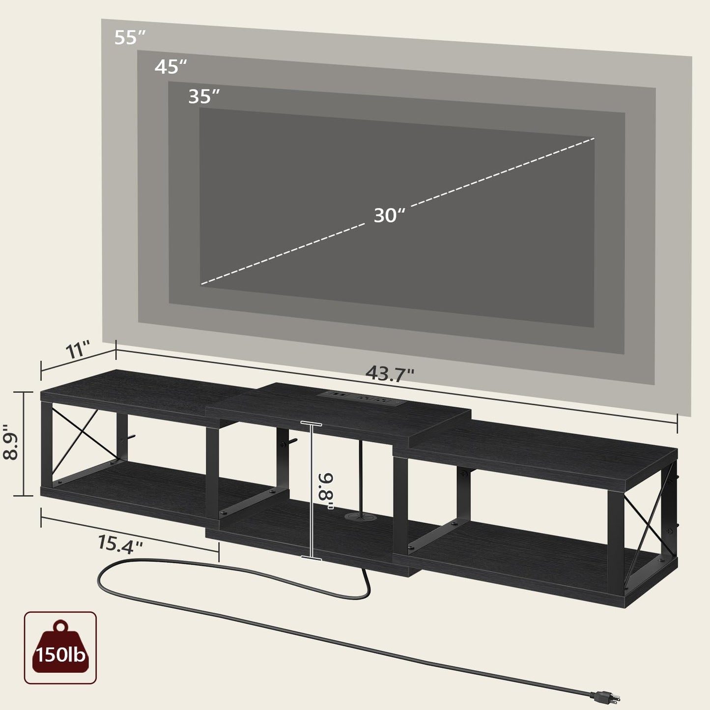 MAHANCRIS 43.7” Floating TV Stand with Power Outlet, Wall-Mounted Entertainment Center, Floating Metal Frame Media Console Shelf for Under TV Storage, for Living Room, Bedroom, Black TVHB101E01