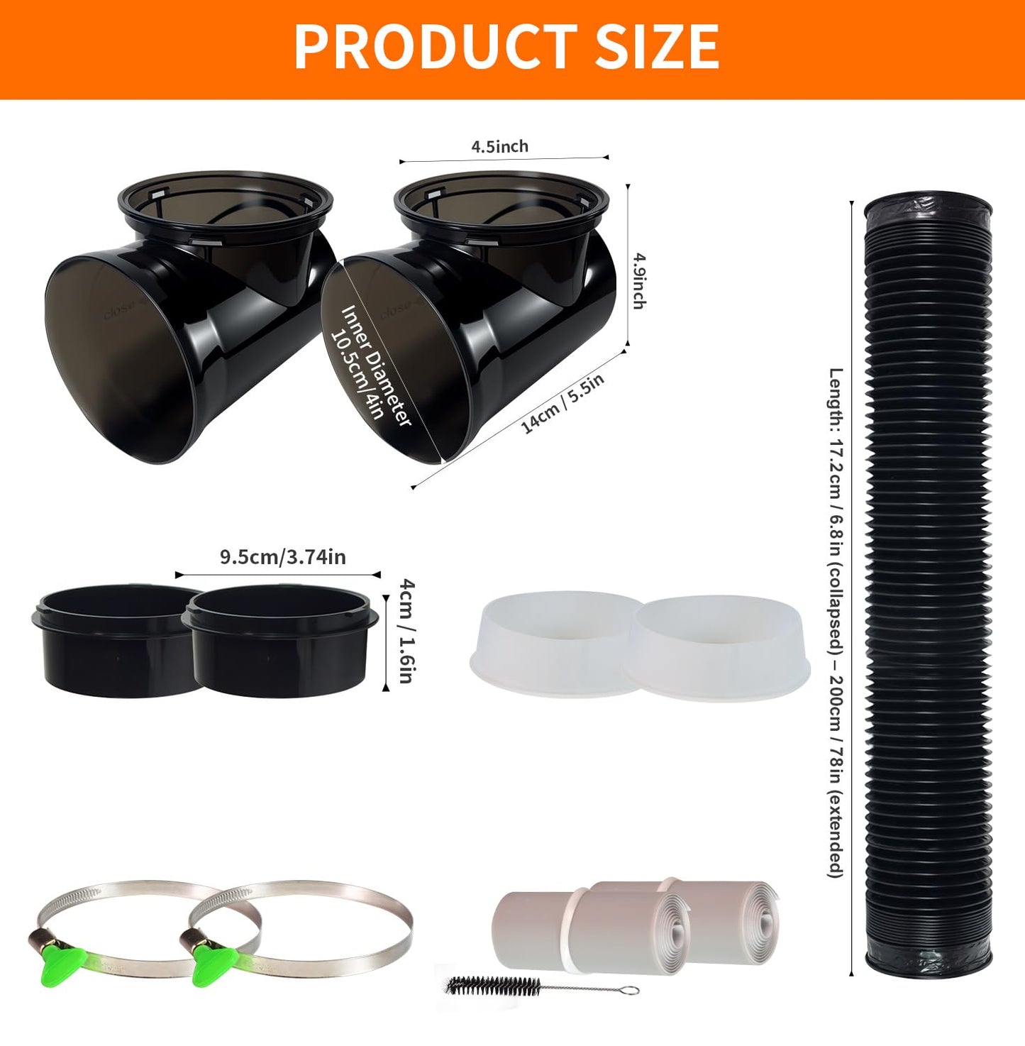 CAT SO RICH Dryer Vent Hose Connector Kit for Tight Spaces, 90° Elbow with 4-Inch 6.5FT PVC Hose, Transparent Black Upgrade, Tool-Free Installation