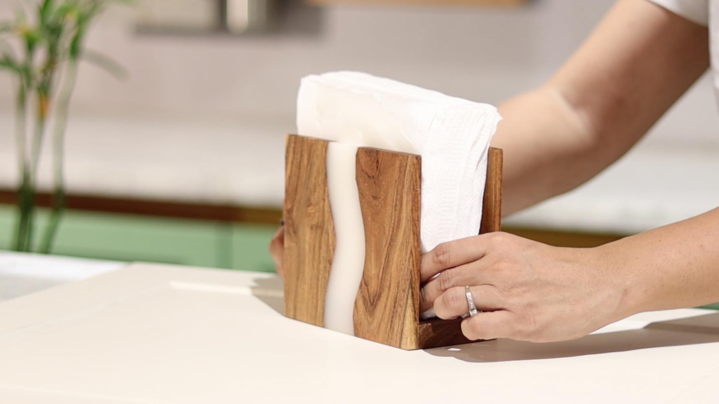 LAVAUK Acacia wood & Transparent Epoxy resin Napkin holder for table, Rustic farmhouse napkin organisation for kitchen, dining, counter tops, restaurant or outdoors | 6x5x2.5 inches|(Cloudy White)